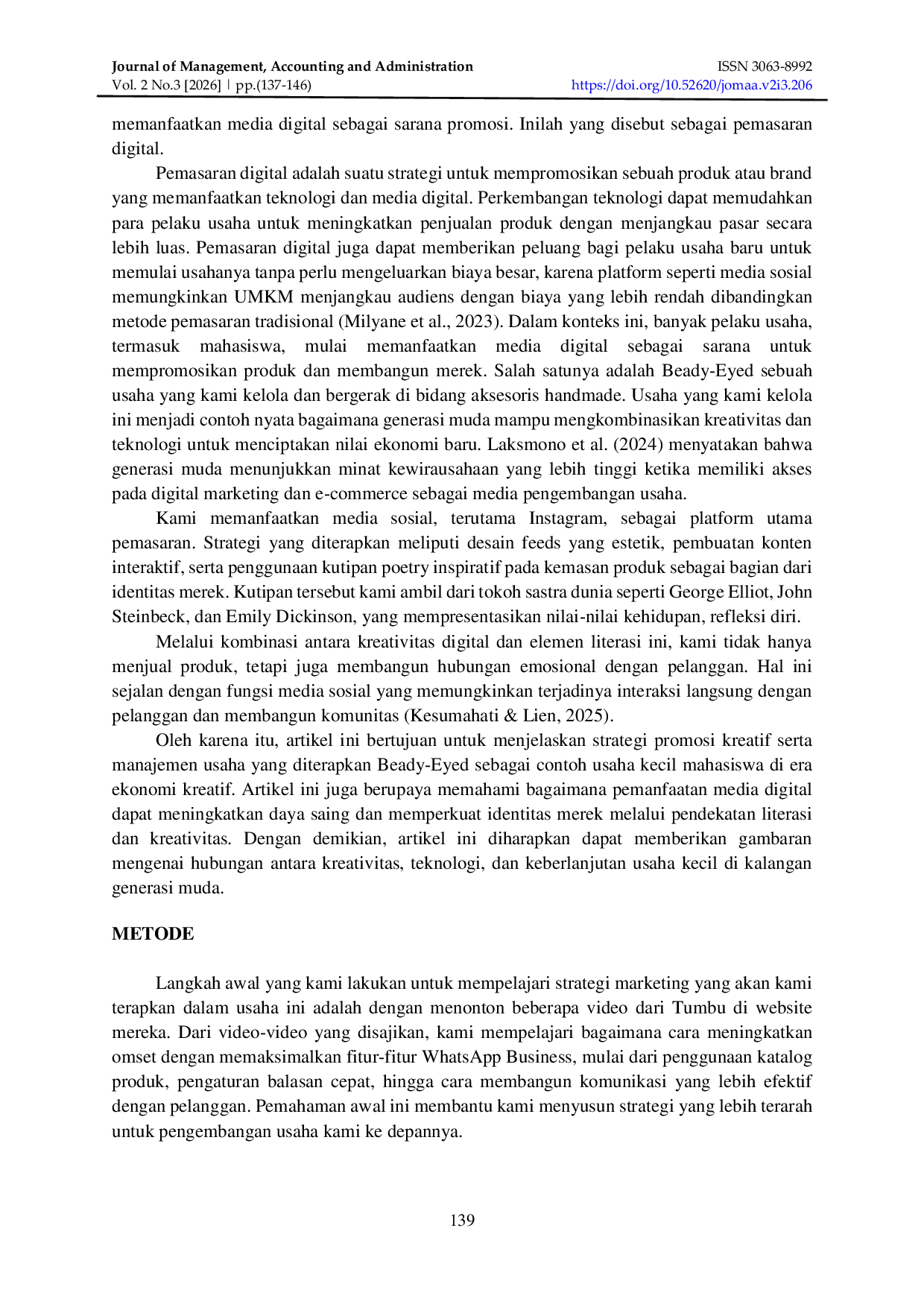 JURIS Penerapan Strategi Manajemen dan Pemasaran Digital pada Usaha Mahasiswa Beady Eyed di Era Ekonomi Kreatif