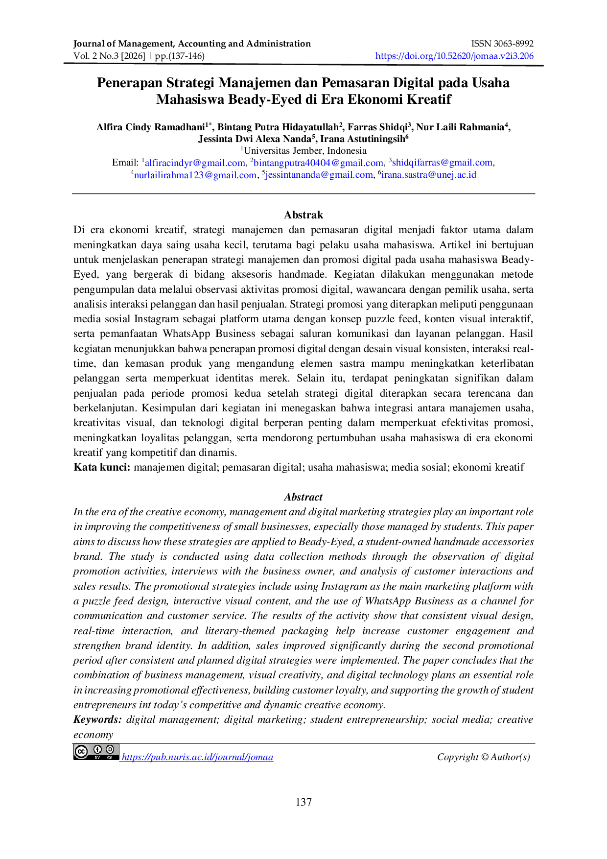 JURIS Penerapan Strategi Manajemen dan Pemasaran Digital pada Usaha Mahasiswa Beady Eyed di Era Ekonomi Kreatif