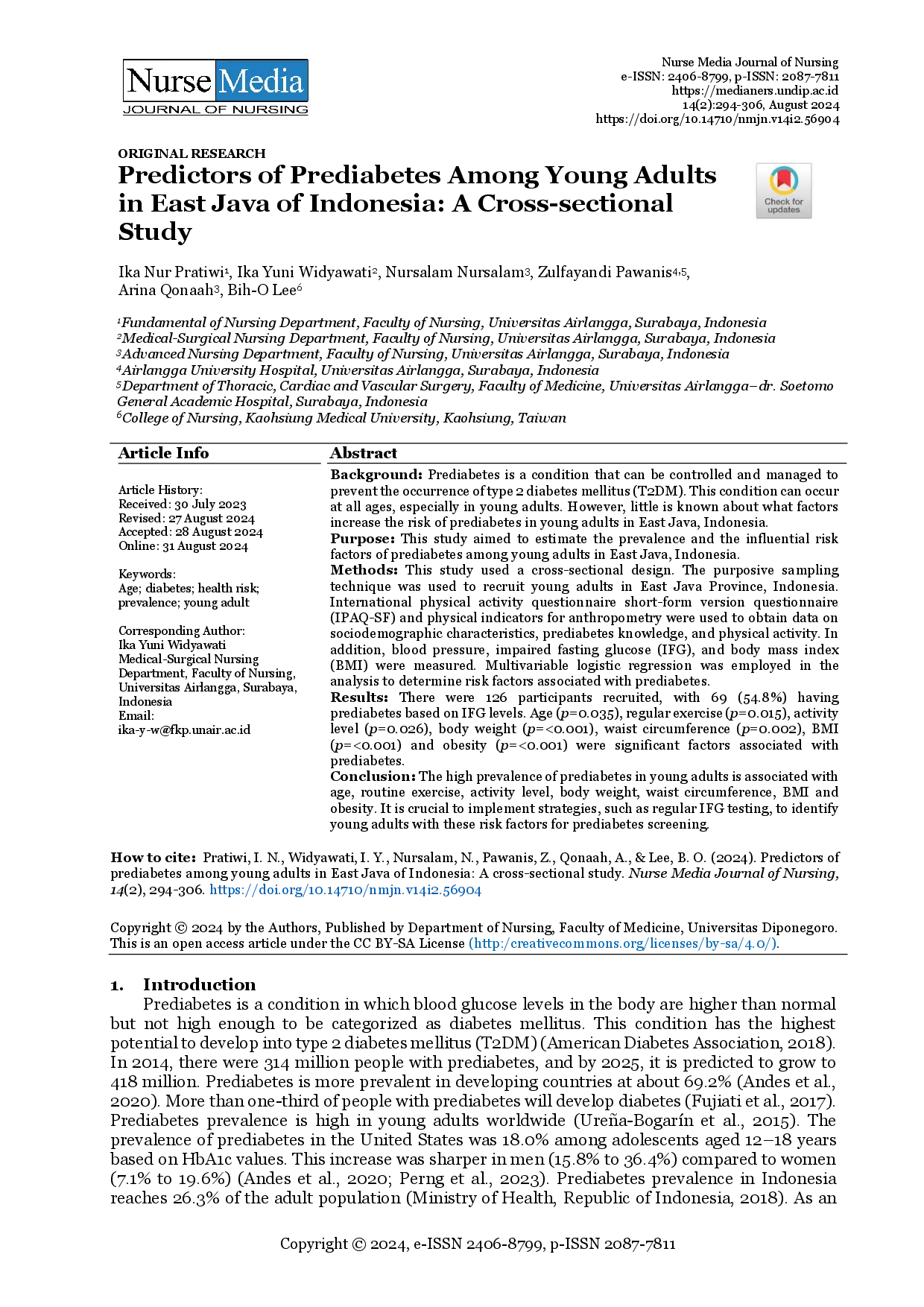 juris Predictors of Prediabetes Among Young Adults in East Java of Indonesia A Cross sectional Study