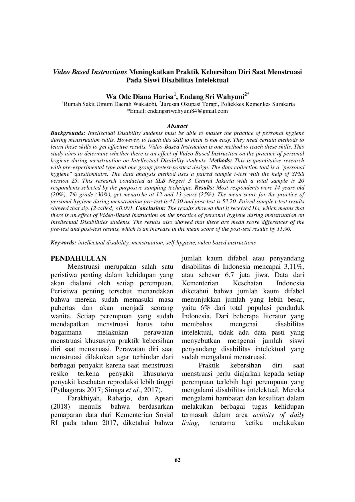 JURIS Video Based Instructions Meningkatkan Praktik Kebersihan Diri Saat Menstruasi Pada Siswi Disabilitas Intelektual