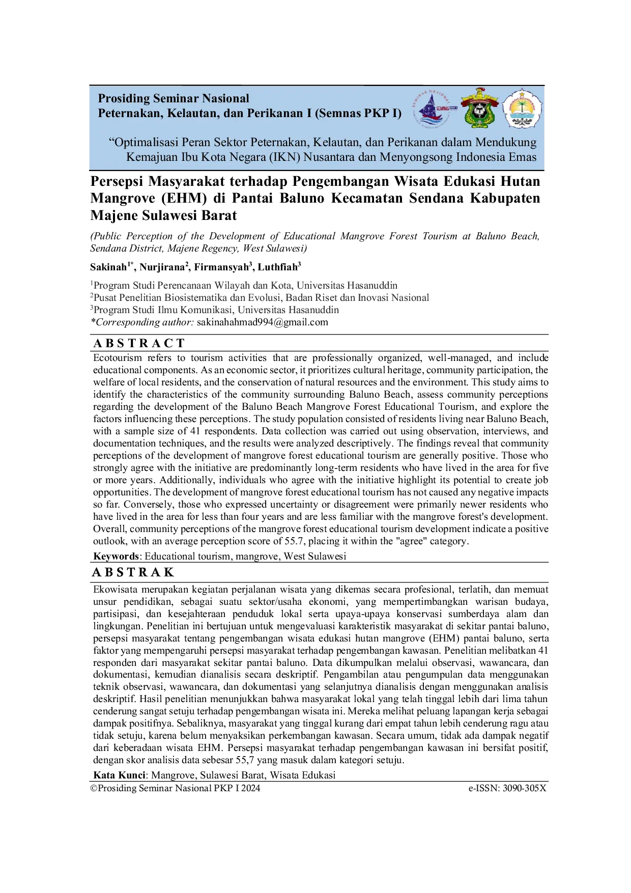 JURIS Persepsi Masyarakat terhadap Pengembangan Wisata Edukasi Hutan Mangrove EHM di Pantai Baluno Kecamatan Sendana Kabupaten Majene Sulawesi Barat