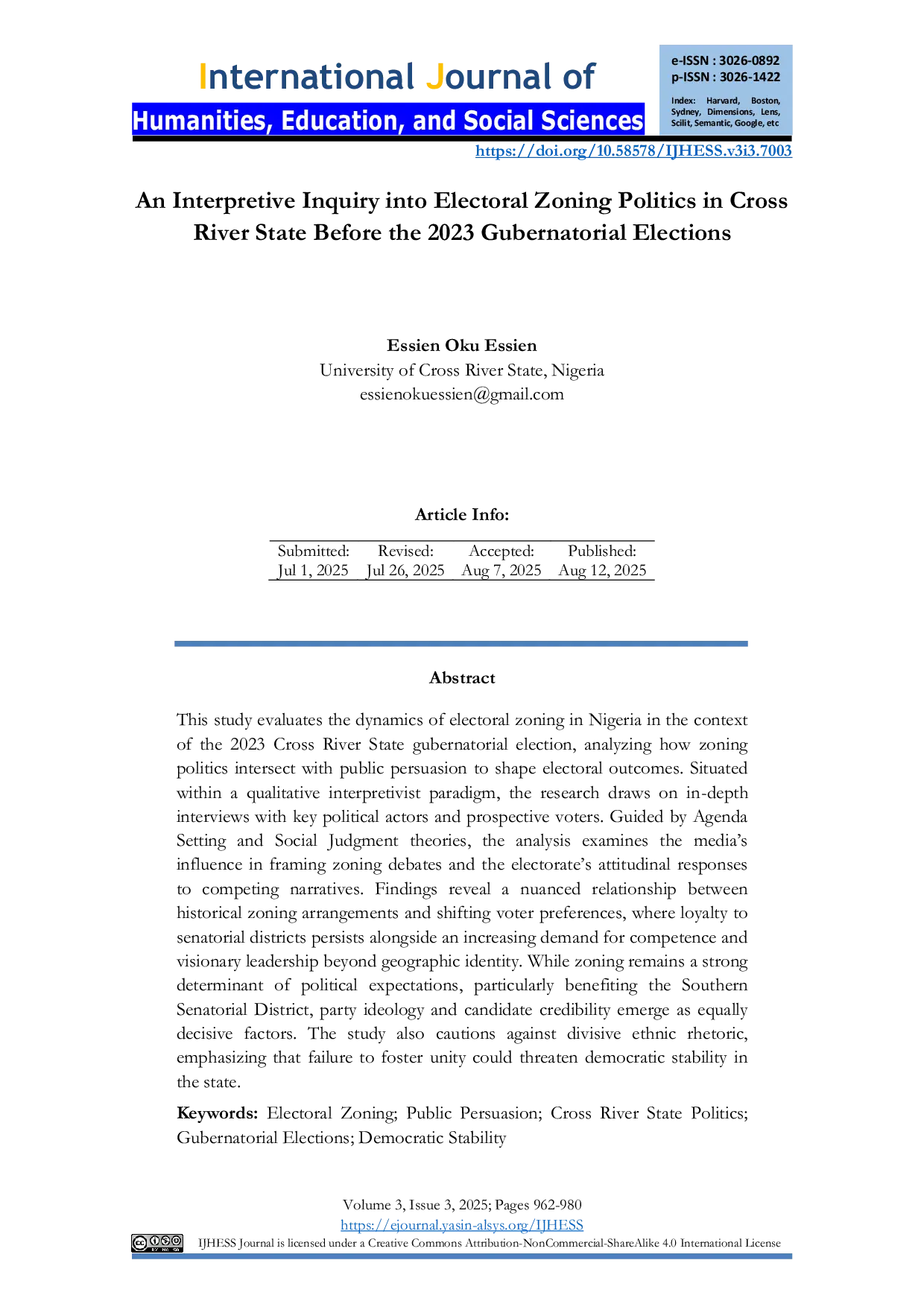 JURIS An Interpretive Inquiry into Electoral Zoning Politics in Cross River State Before the 2023 Gubernatorial Elections