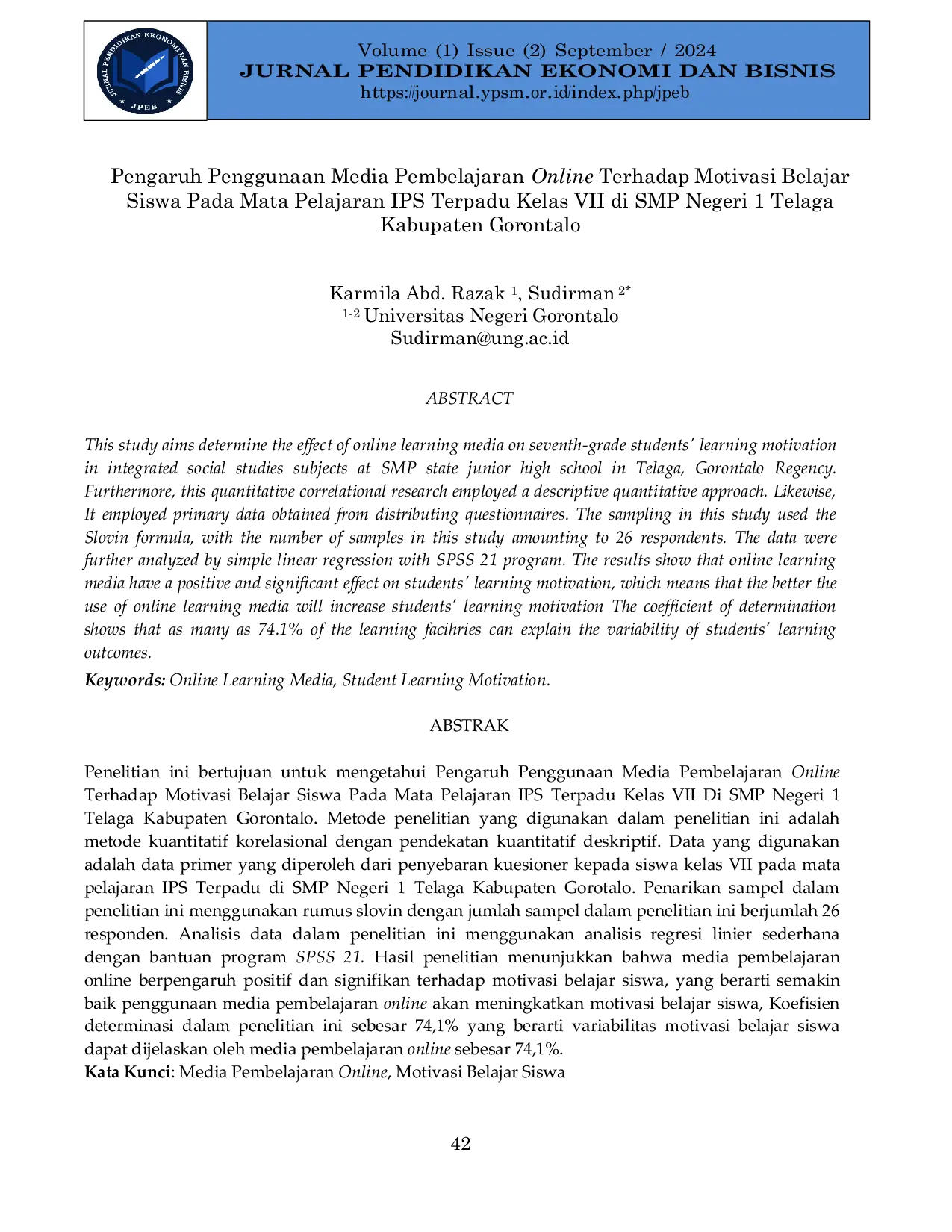 JURIS Pengaruh Penggunaan Media Pembelajaran Online Terhadap Motivasi Belajar Siswa Pada Mata Pelajaran IPS Terpadu Kelas VII Di SMP Negeri 1 Telaga Kabupaten Gorontalo