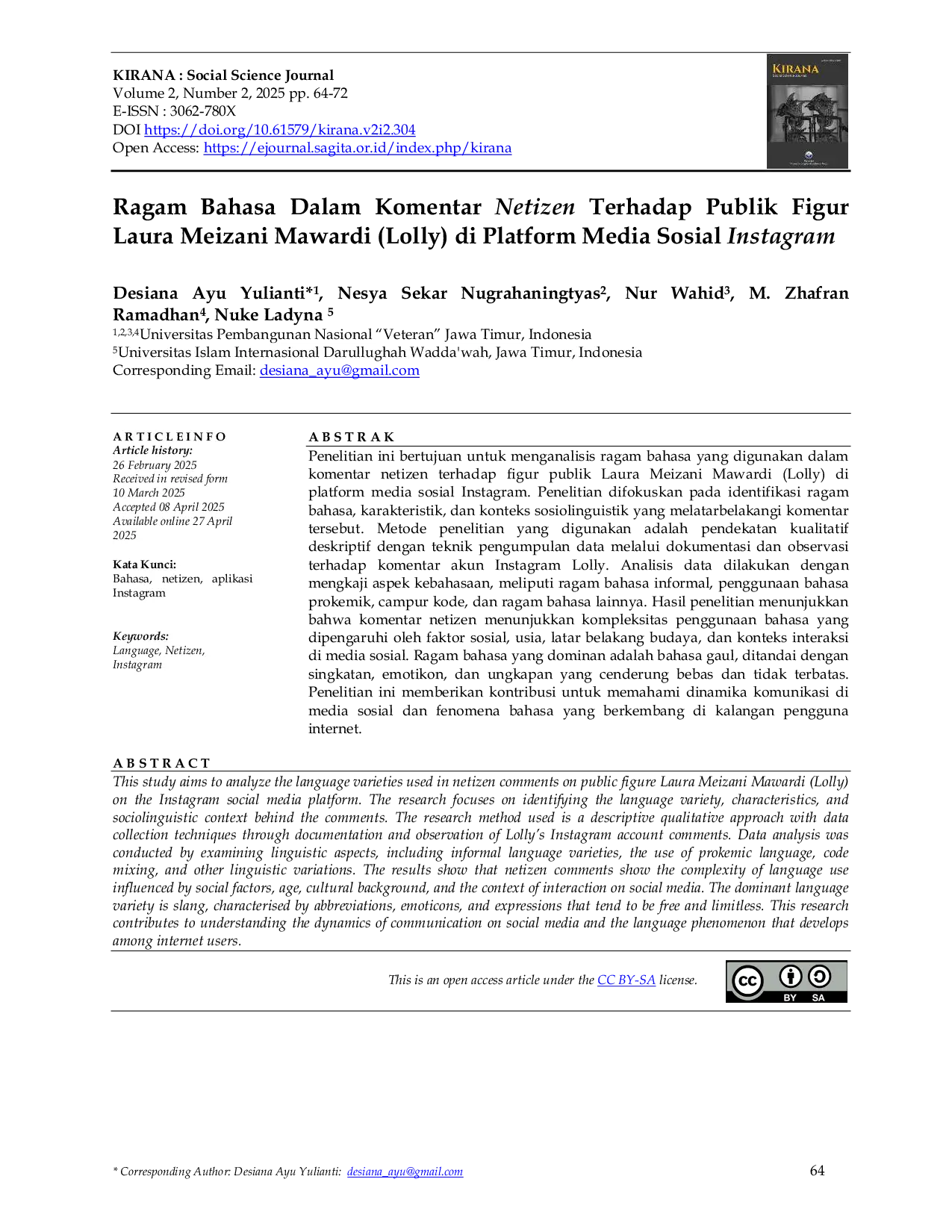 JURIS Ragam Bahasa Dalam Komentar Netizen Terhadap Publik Figur Laura Meizani Mawardi Lolly di Platform Media Sosial Instagram Language Variety in Netizen Comments on Public Figure Laura Meizani Mawardi