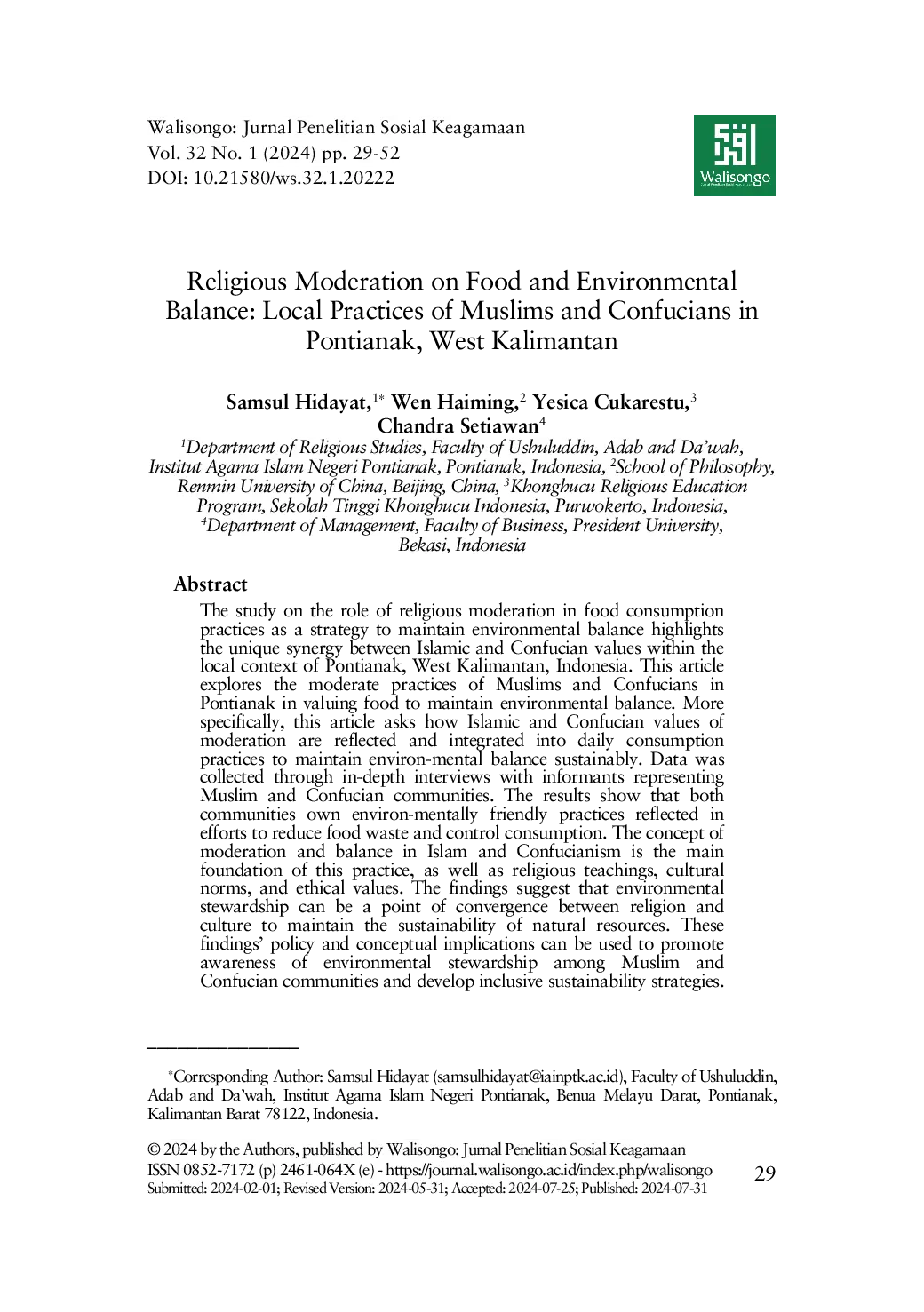 JURIS Religious Moderation on Food and Environmental Balance Local Practices of Muslims and Confucians in Pontianak West Kalimantan