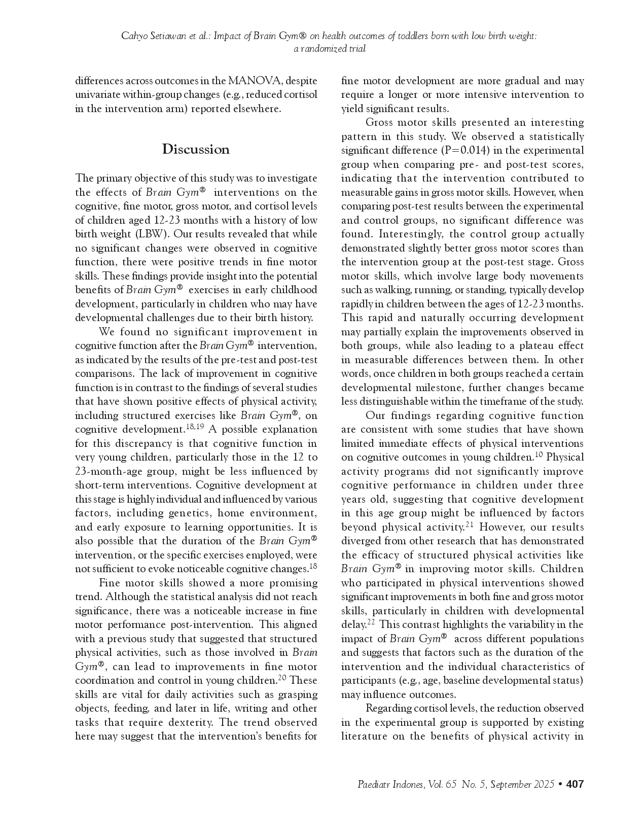 juris Impact of Brain Gym on health outcomes of toddlers born with low birth weight a randomized trial