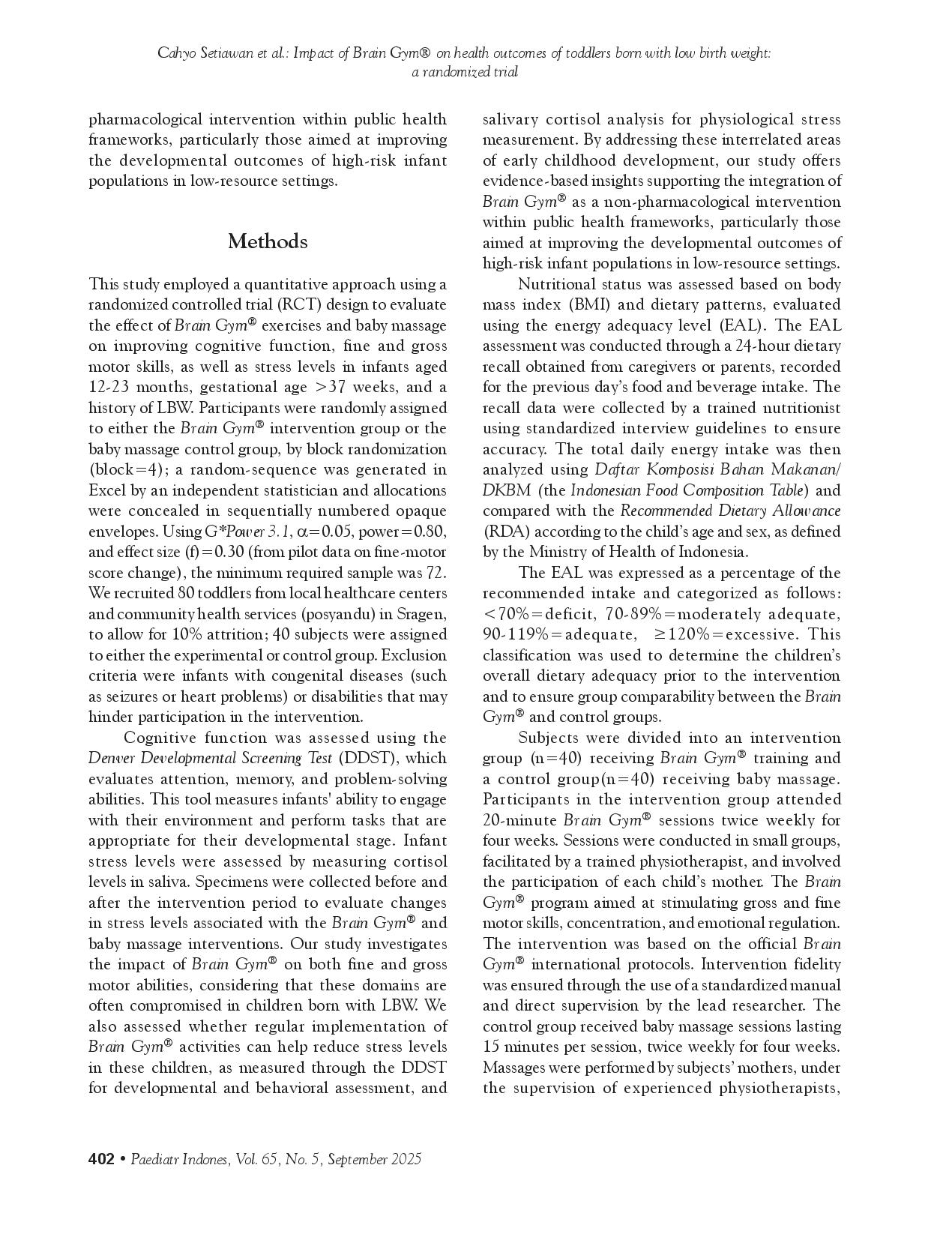 juris Impact of Brain Gym on health outcomes of toddlers born with low birth weight a randomized trial