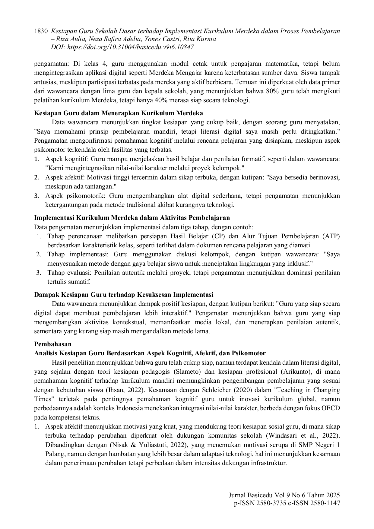 JURIS Kesiapan Guru Sekolah Dasar terhadap Implementasi Kurikulum Merdeka dalam Proses Pembelajaran