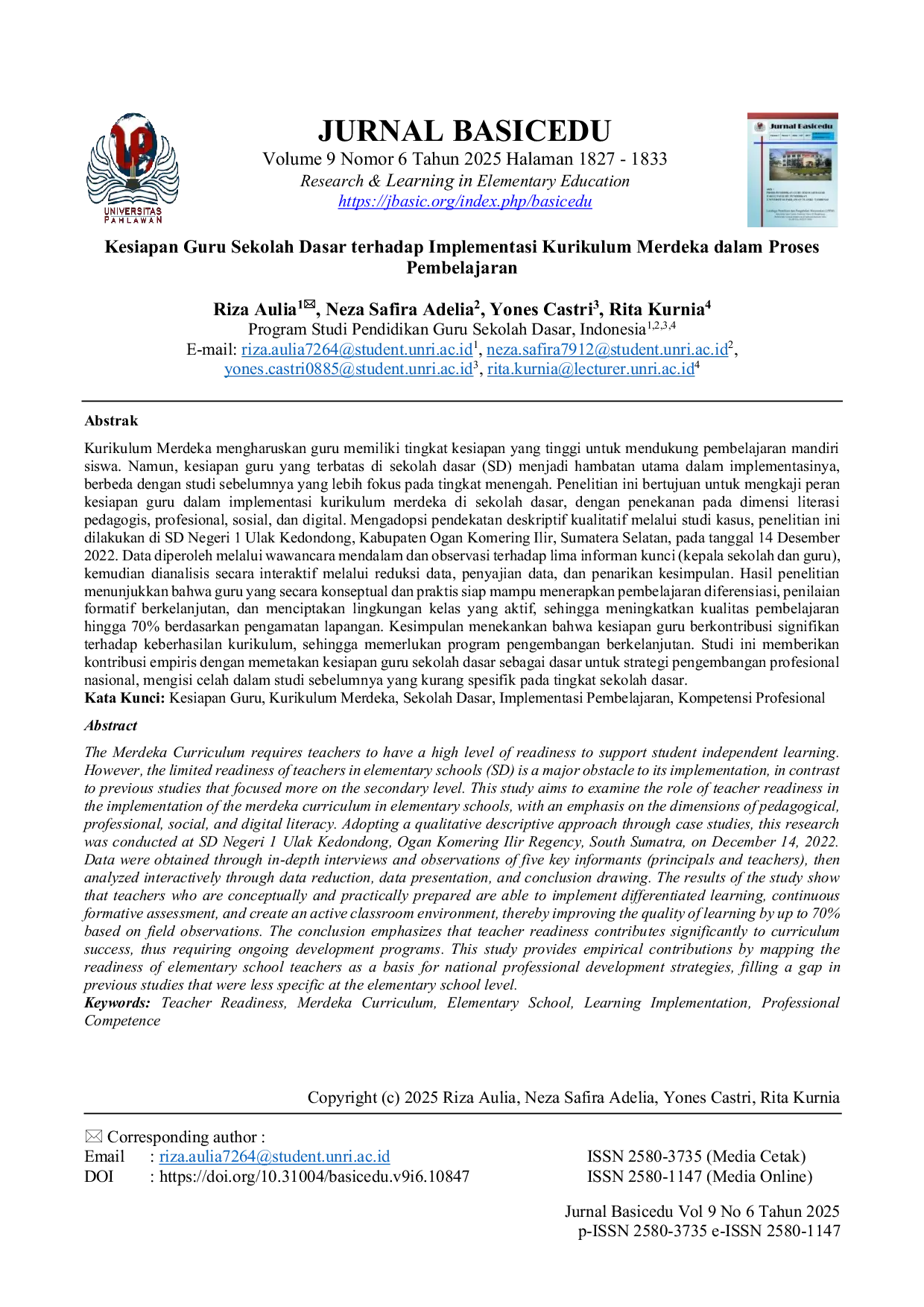 JURIS Kesiapan Guru Sekolah Dasar terhadap Implementasi Kurikulum Merdeka dalam Proses Pembelajaran