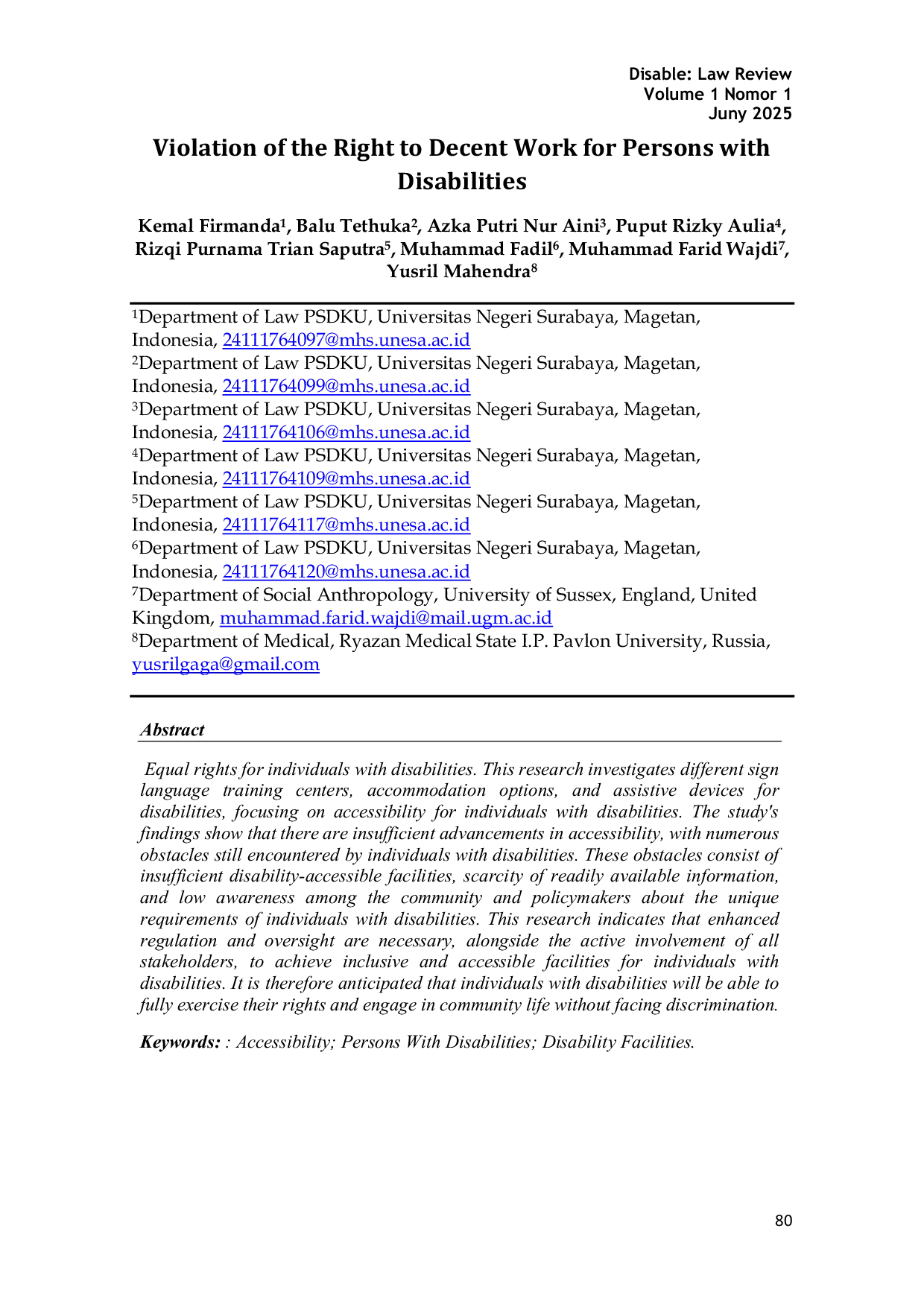 JURIS Violation of the Right to Decent Work for Persons with Disabilities