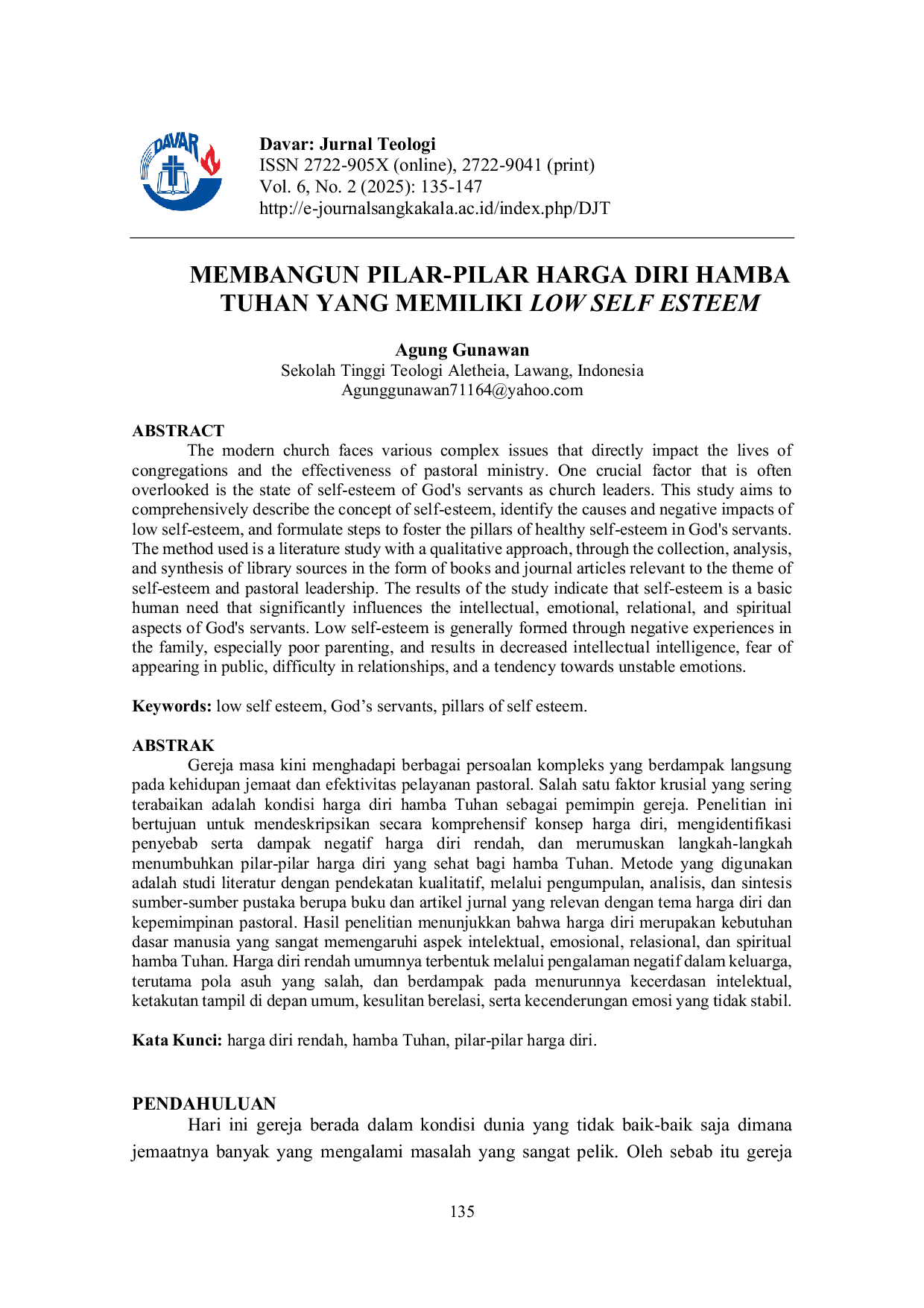 JURIS Membangun pilar pilar harga diri hamba Tuhan yang memiliki low self esteem