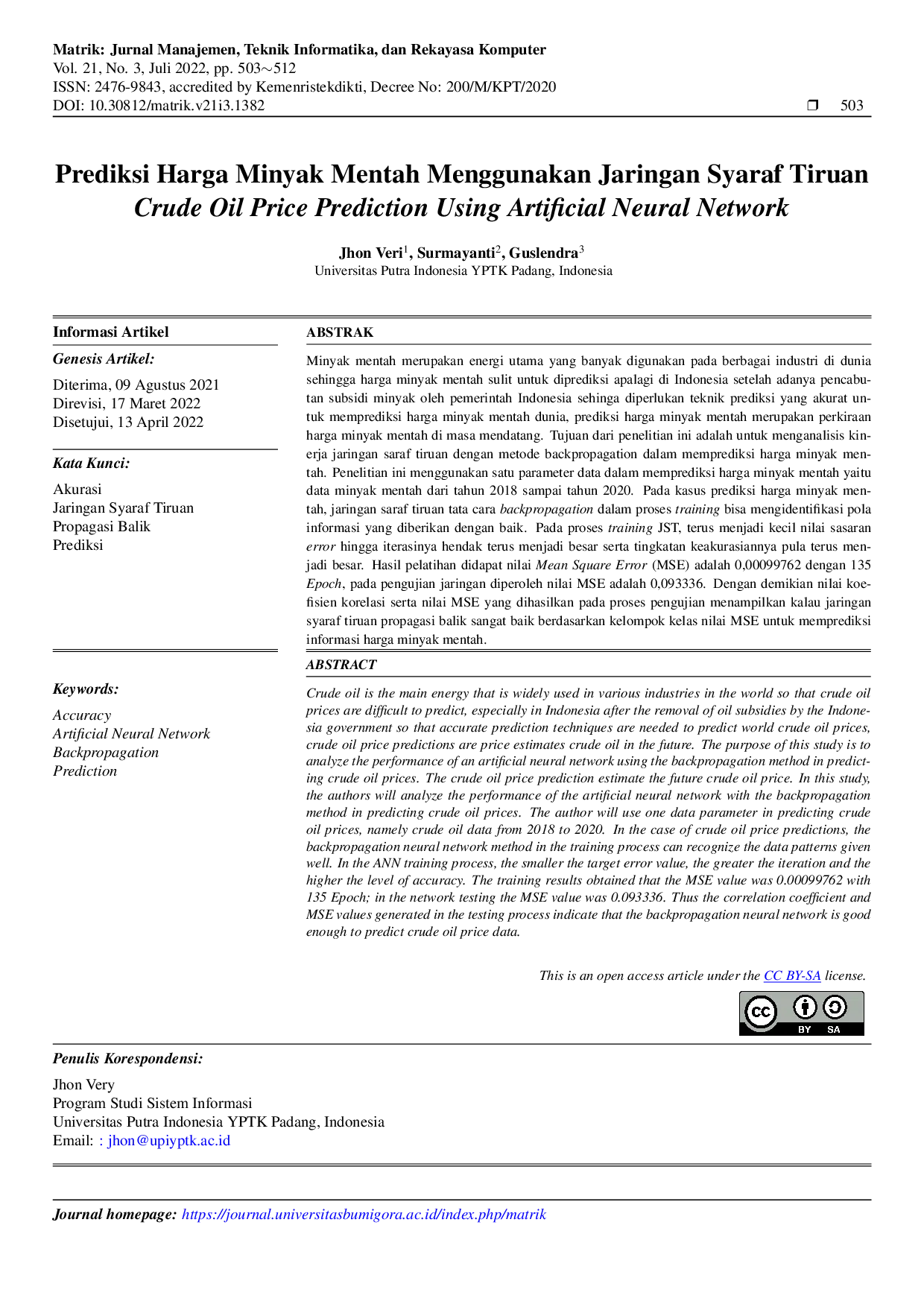 JURIS Prediksi Harga Minyak Mentah Menggunakan Jaringan Syaraf Tiruan