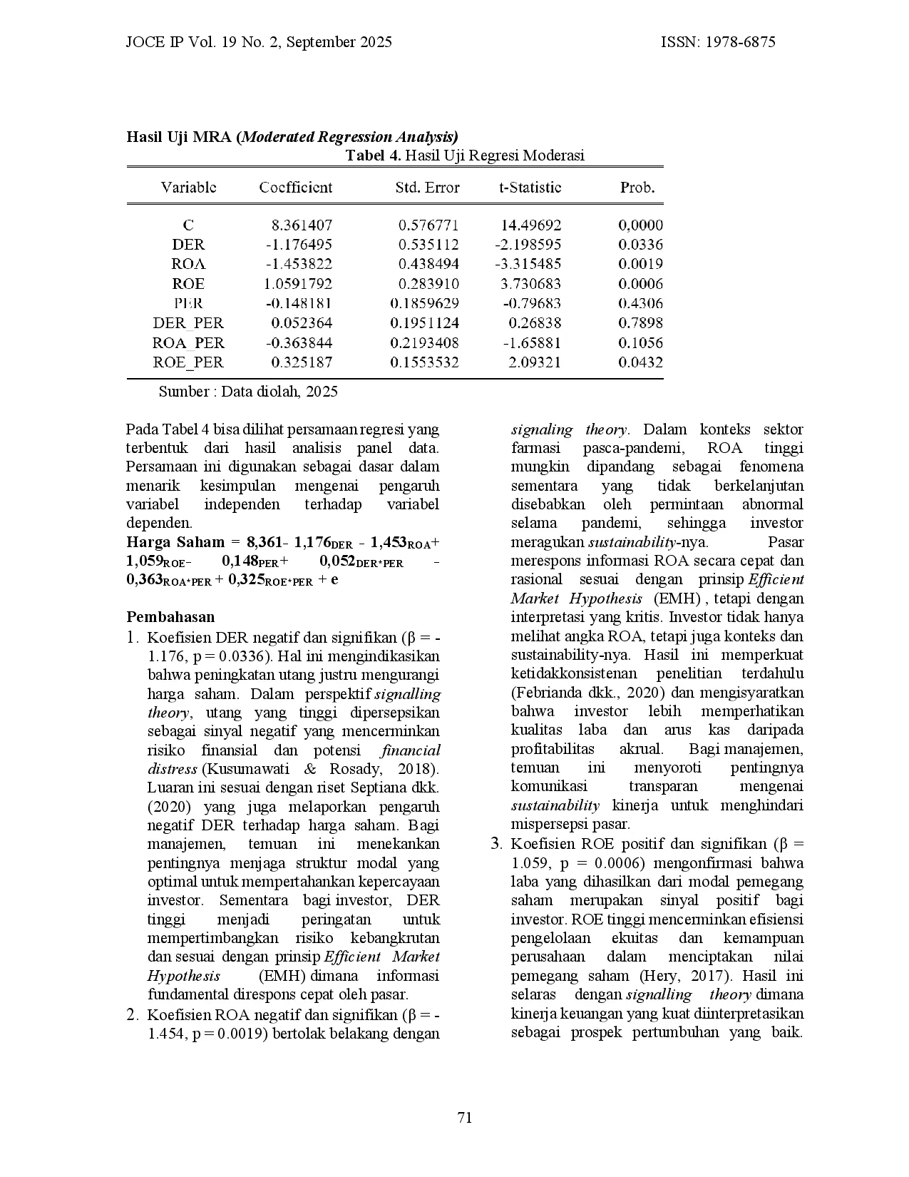 JURIS Peran Price Earning Ratio Dalam Memoderasi Pengaruh Kinerja Keuangan Terhadap Harga Saham Studi Pada Perusahaan Farmasi 2020 2024