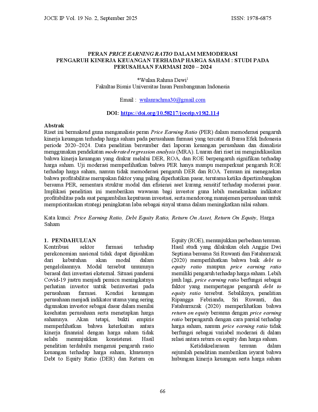 JURIS Peran Price Earning Ratio Dalam Memoderasi Pengaruh Kinerja Keuangan Terhadap Harga Saham Studi Pada Perusahaan Farmasi 2020 2024