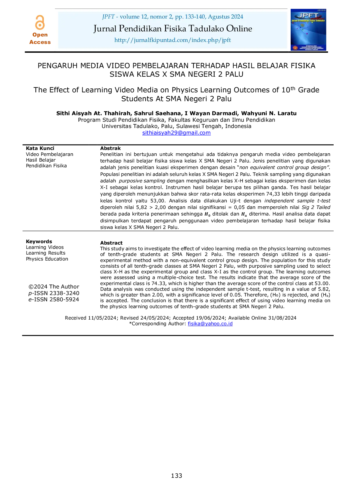 JURIS Pengaruh Media Video Pembelajaran Terhadap Hasil Belajar Fisika Siswa Kelas X SMA Negeri 2 Palu
