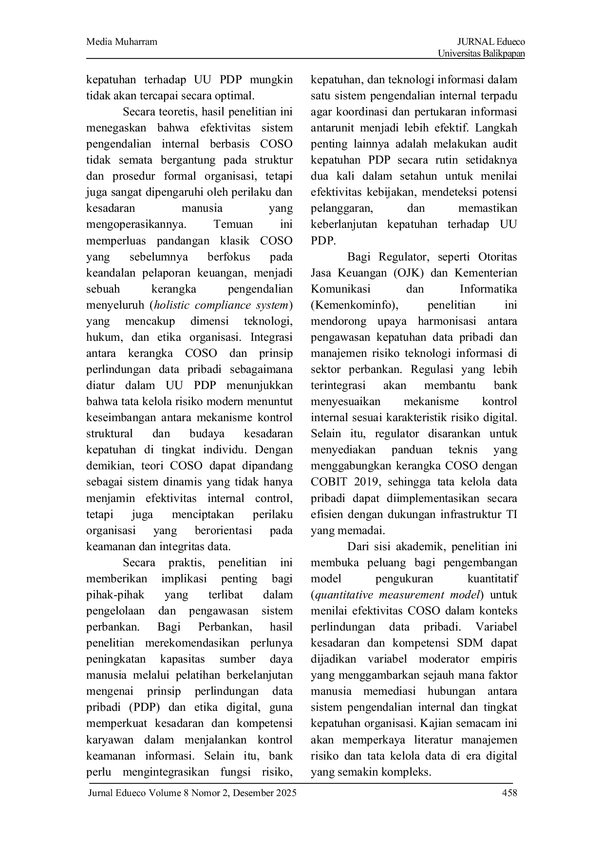 JURIS Efektivitas Sistem Pengendalian Internal COSO Dalam Menjamin Kepatuhan Undang Undang Perlindungan Data Pribadi UU PDP Di Sektor Perbankan Indonesia