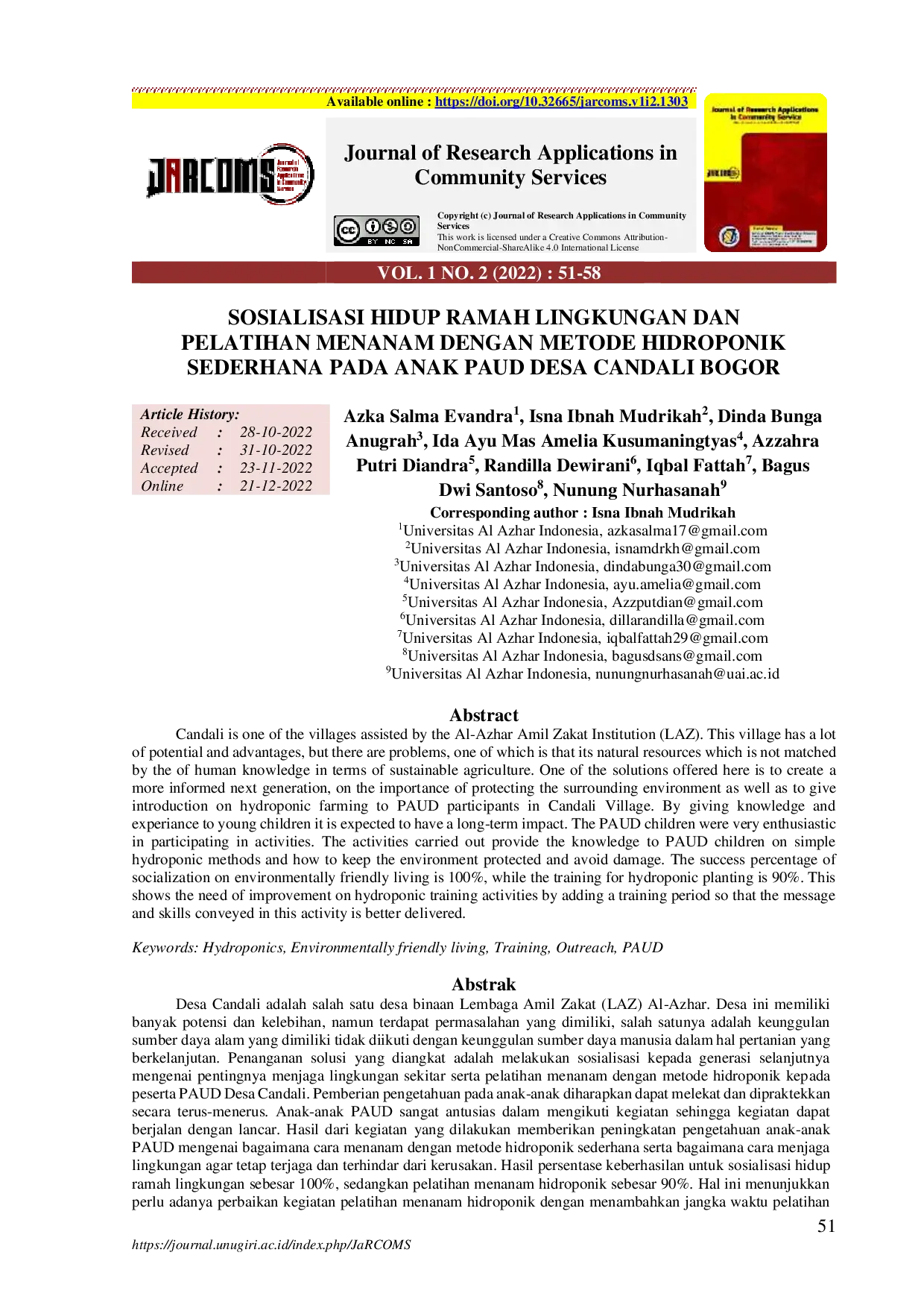 JURIS Sosialisasi Hidup Ramah Lingkungan dan Pelatihan Menanam dengan Metode Hidroponik Sederhana Pada Anak PAUD Desa Candali Bogor