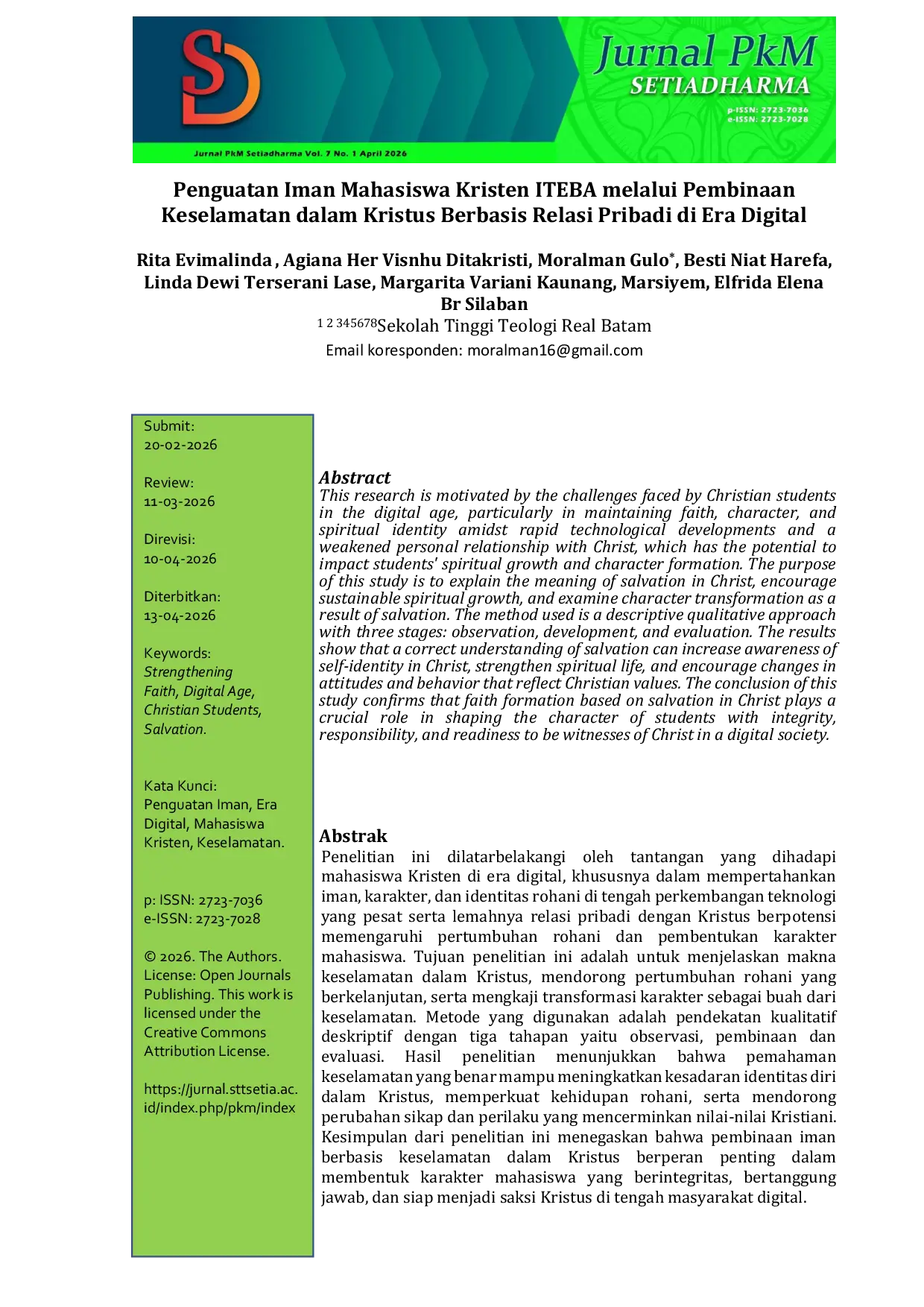 JURIS Penguatan Iman Mahasiswa Kristen ITEBA melalui Pembinaan Keselamatan dalam Kristus Berbasis Relasi Pribadi di Era Digital