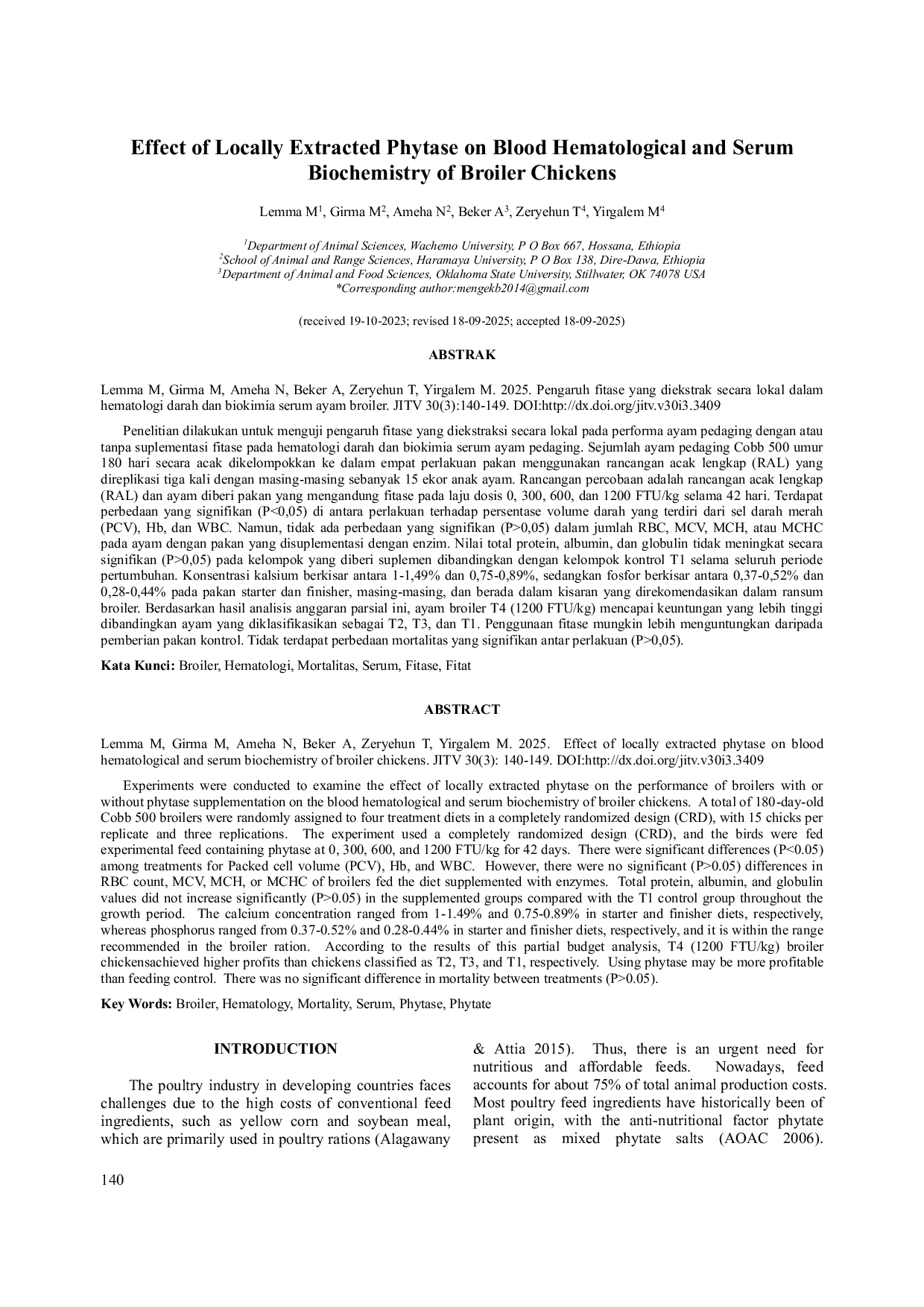 JURIS Effect of Locally Extracted Phytase on Blood Hematological and Serum Biochemistry of Broiler Chickens