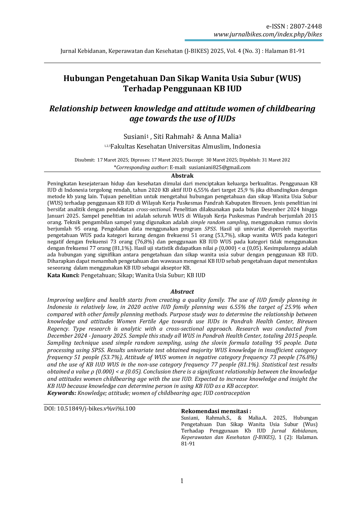 JURIS Hubungan Pengetahuan Dan Sikap Wanita Usia Subur WUS Terhadap Penggunaan KB IUD