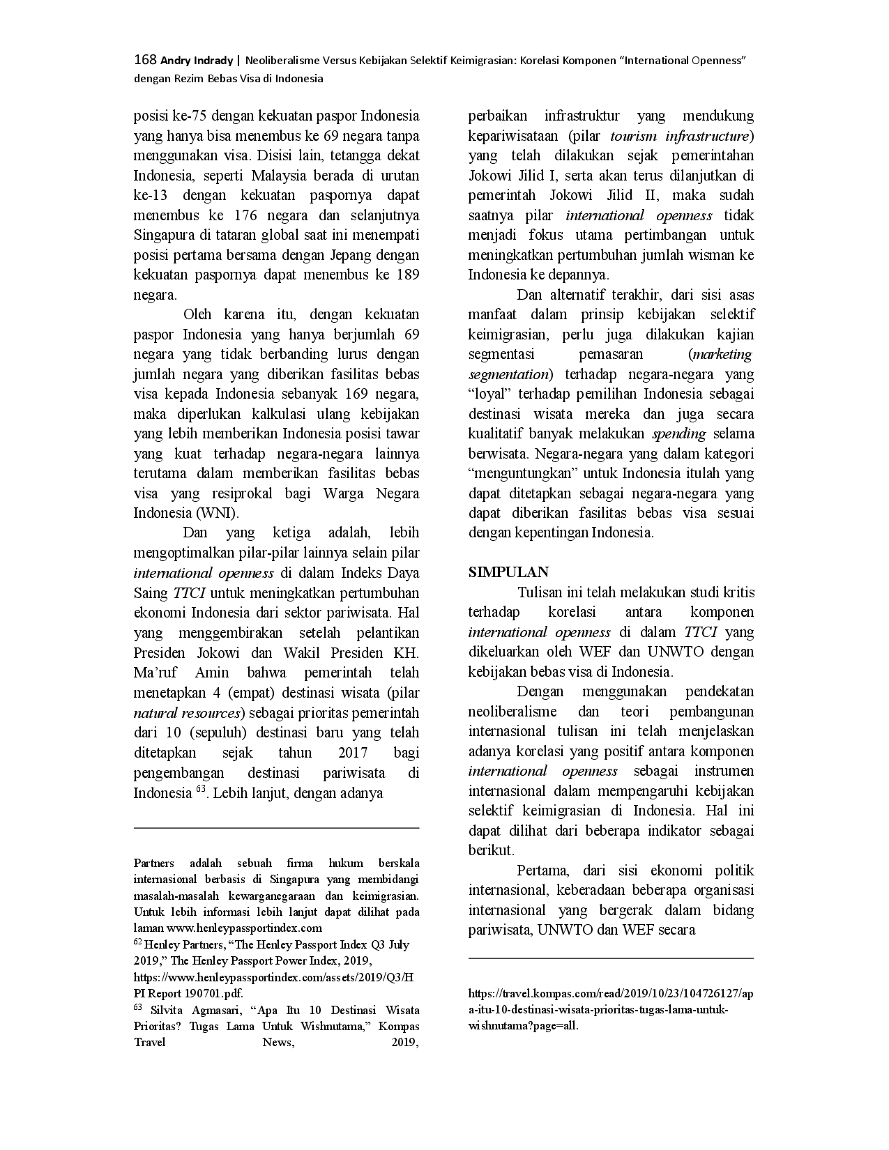 juris Neoliberalisme Versus Kebijakan Selektif Keimigrasian Korelasi Komponen International Openness Dengan Rezim Bebas Visa Di Indonesia