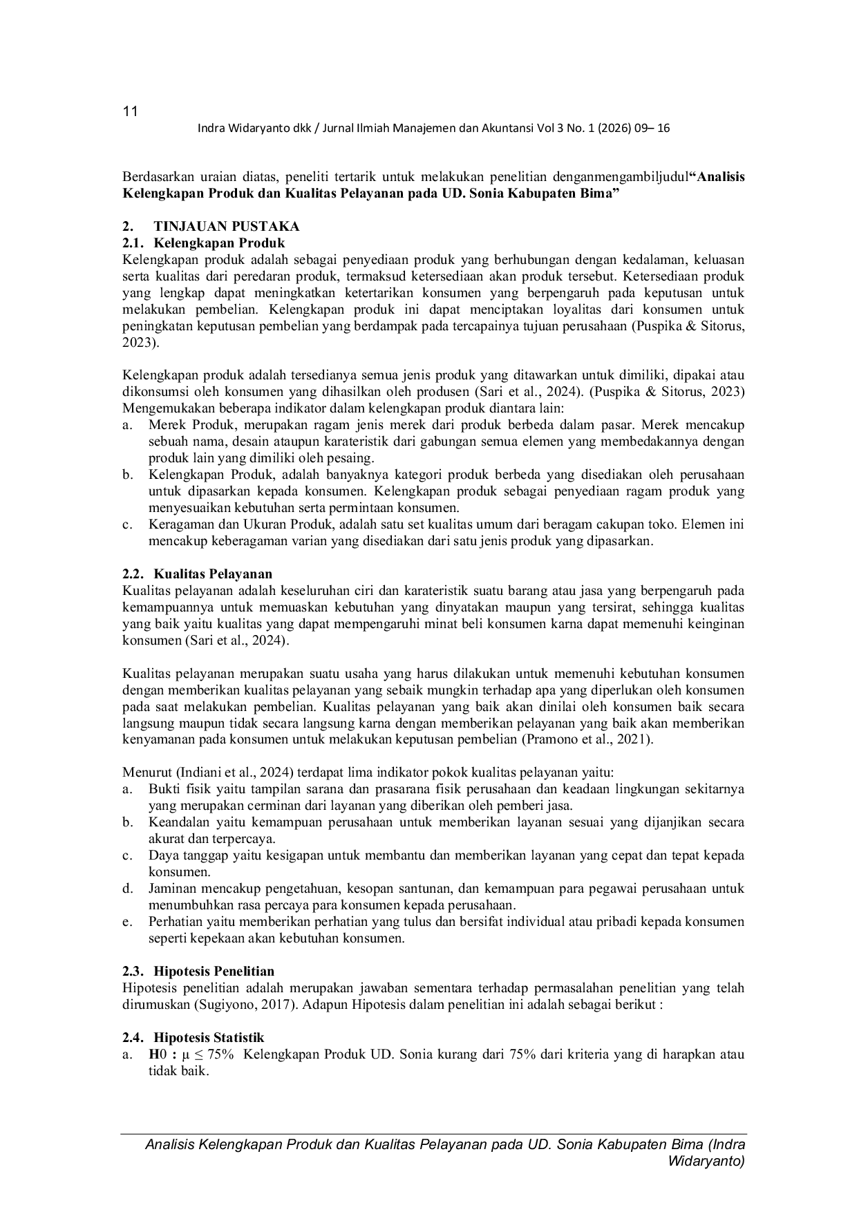 JURIS Analisis Kelengkapan Produk Dan Kualitas Pelayanan Pada Ud Sonia Kabupaten Bima
