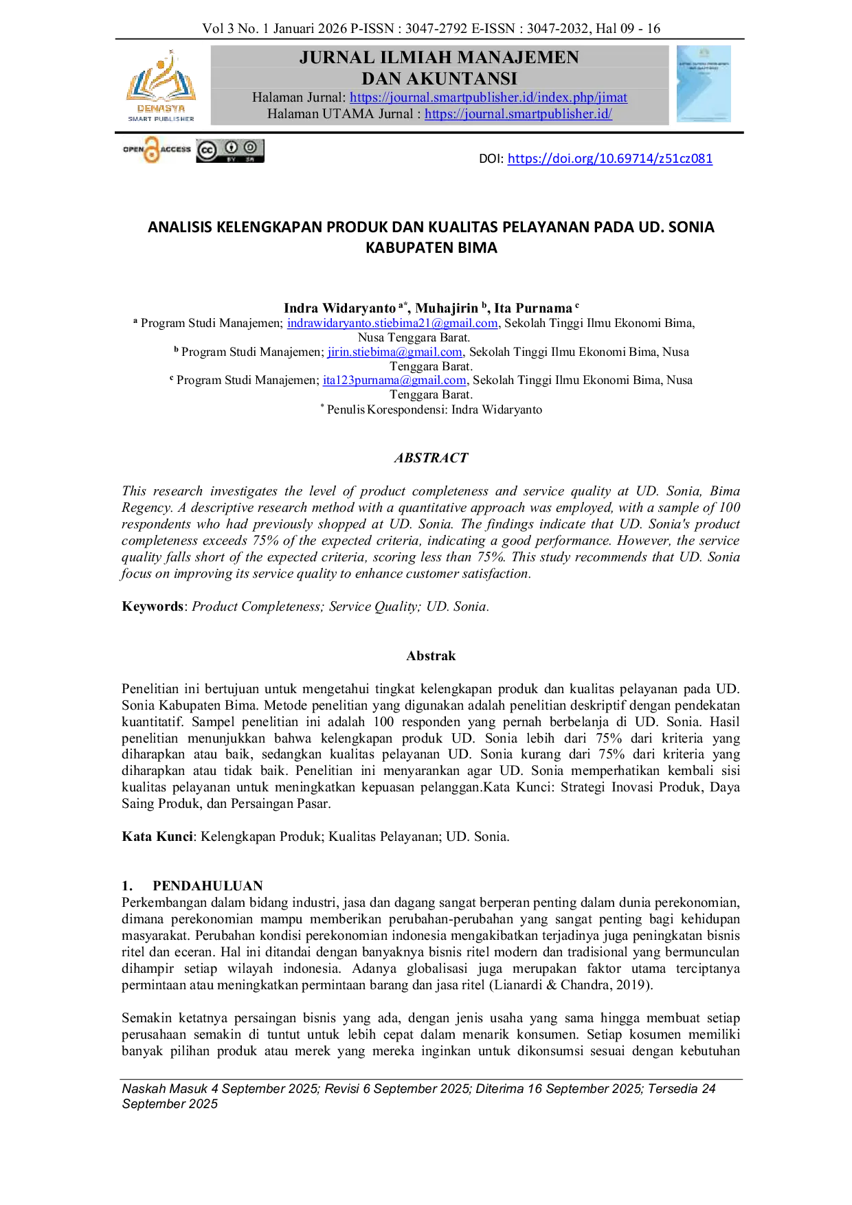 JURIS Analisis Kelengkapan Produk Dan Kualitas Pelayanan Pada Ud Sonia Kabupaten Bima