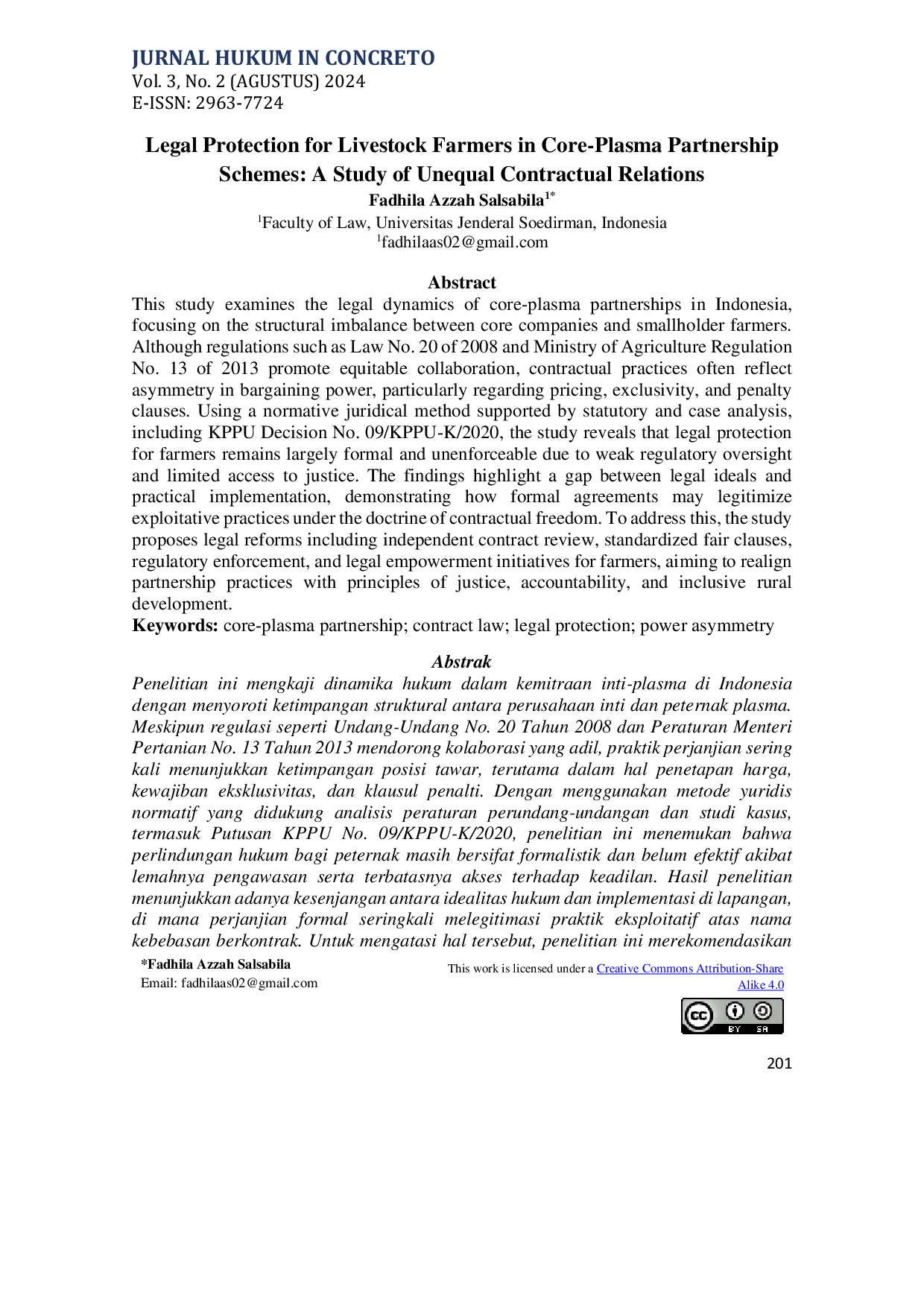 JURIS Legal Protection for Livestock Farmers in Core Plasma Partnership Schemes A Study of Unequal Contractual Relations