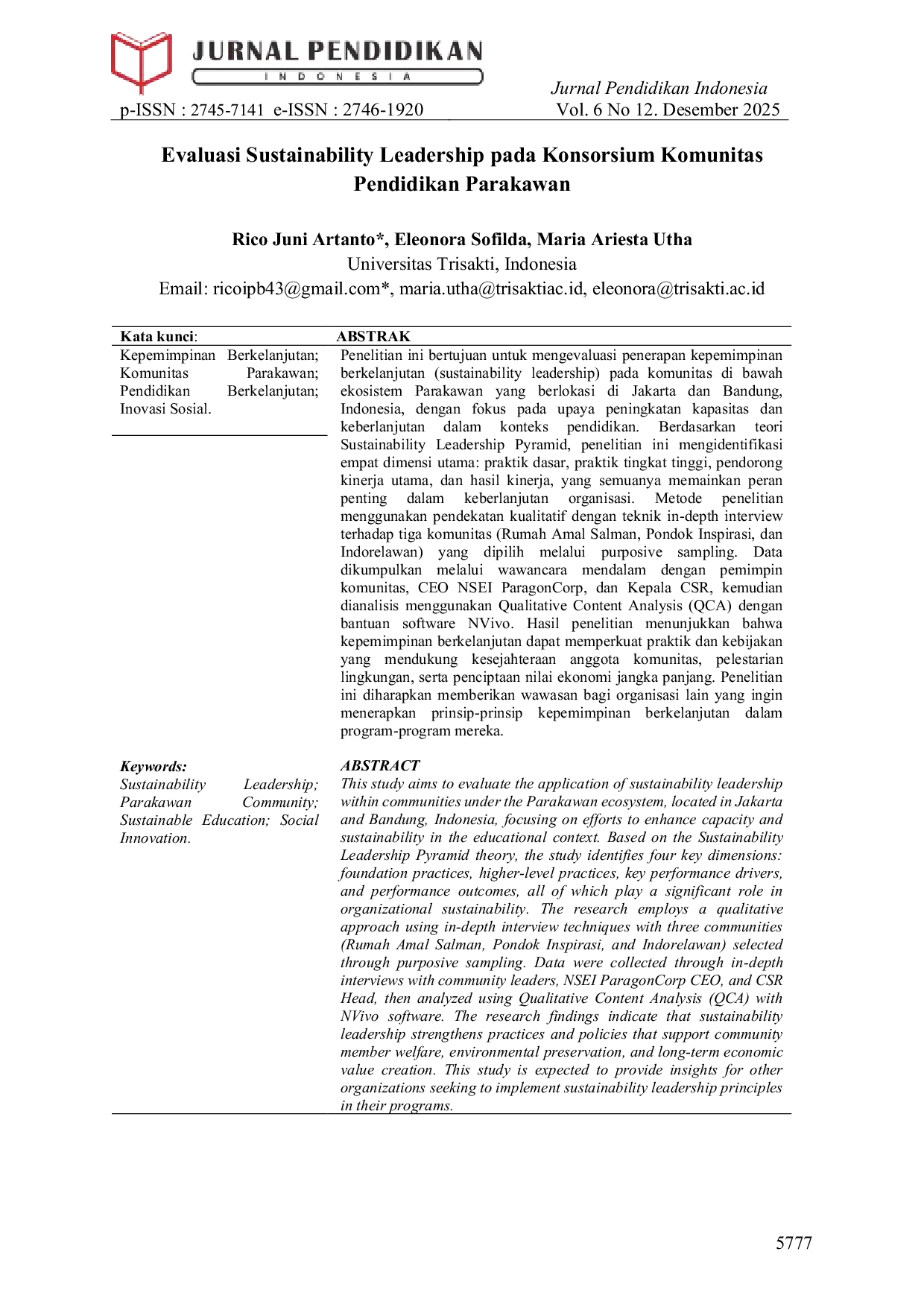 JURIS Evaluasi Sustainability Leadership pada Konsorsium Komunitas Pendidikan Parakawan