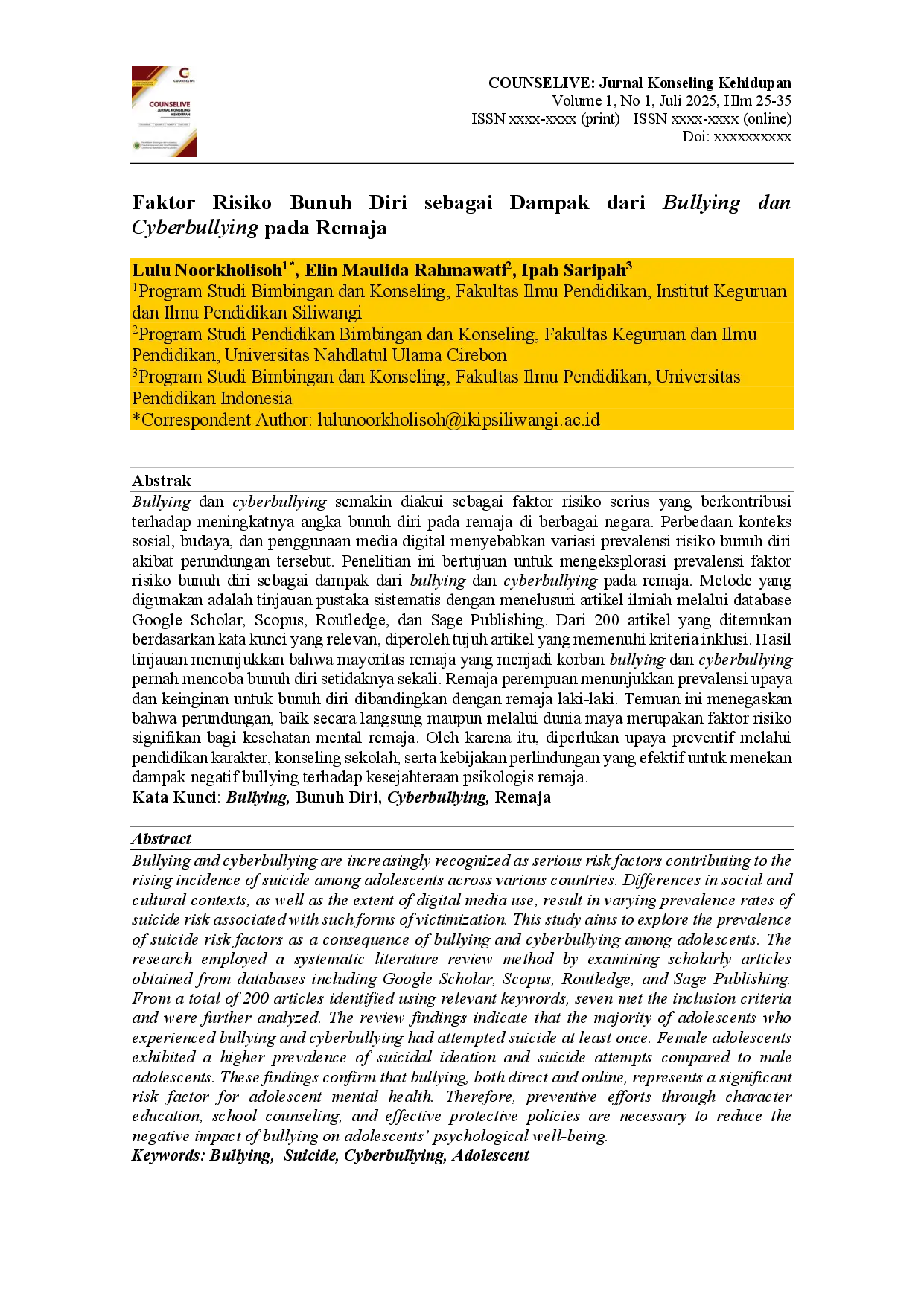 juris Faktor Risiko Bunuh Diri sebagai Dampak dari Bullying dan Cyberbullying pada Remaja