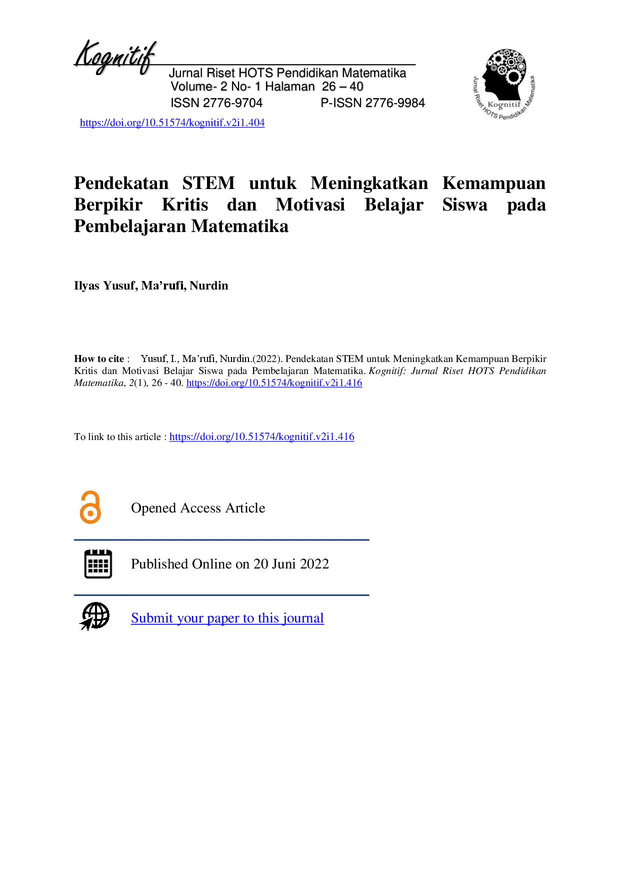 juris Pendekatan STEM untuk Meningkatkan Kemampuan Berpikir Kritis dan Motivasi Belajar Siswa pada Pembelajaran Matematika