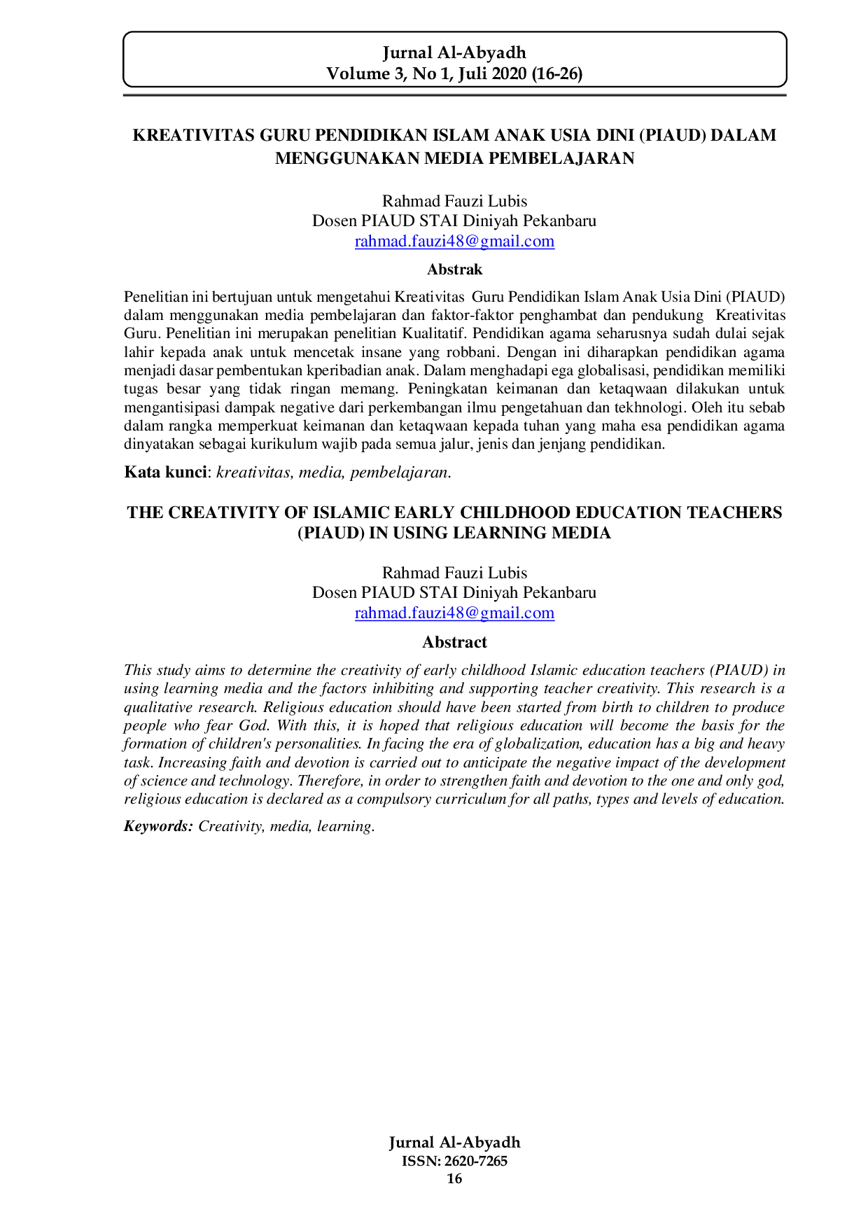 JURIS Kreativitas Guru Pendidikan Islam Anak Usia Dini Piaud Dalam Menggunakan Media Pembelajaran