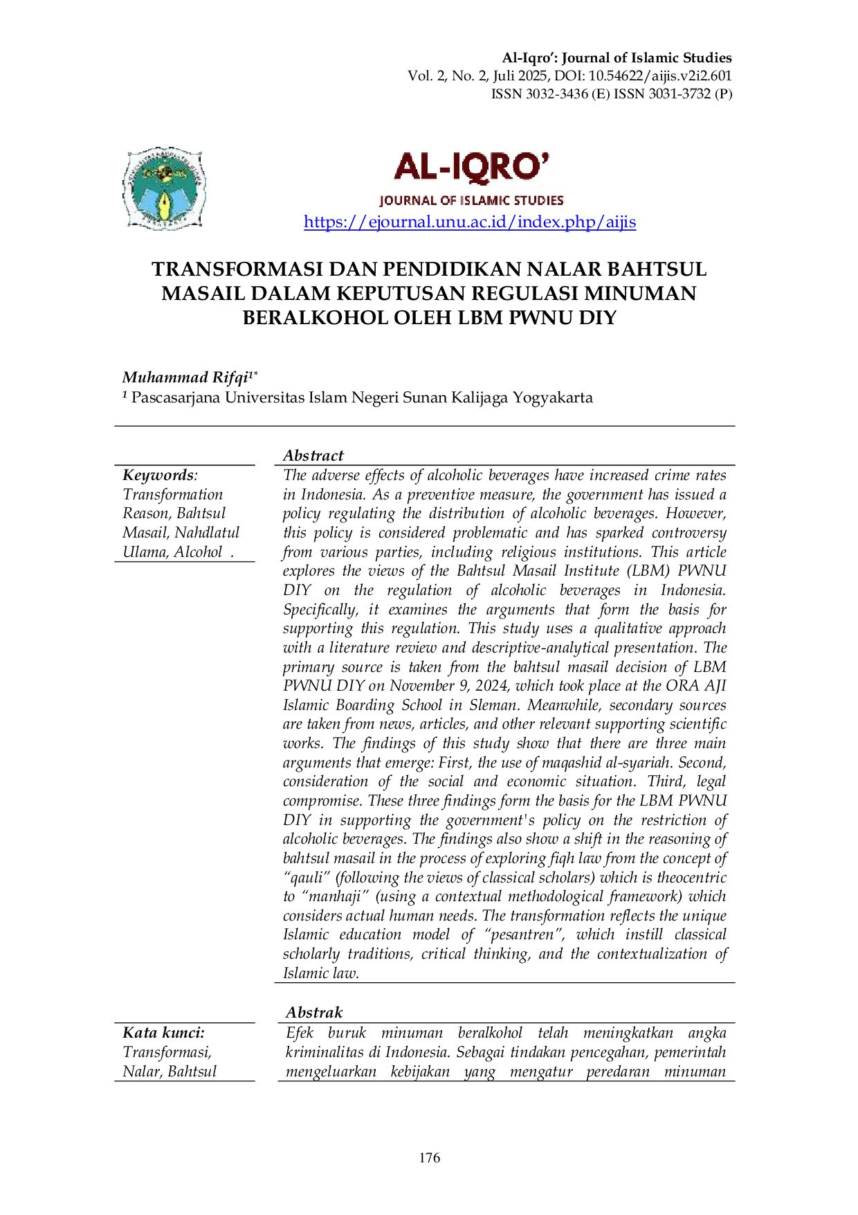 JURIS Transformasi dan Pendidikan Nalar Bahtsul Masail dalam Keputusan Regulasi Minuman Beralkohol oleh LBM PWNU DIY