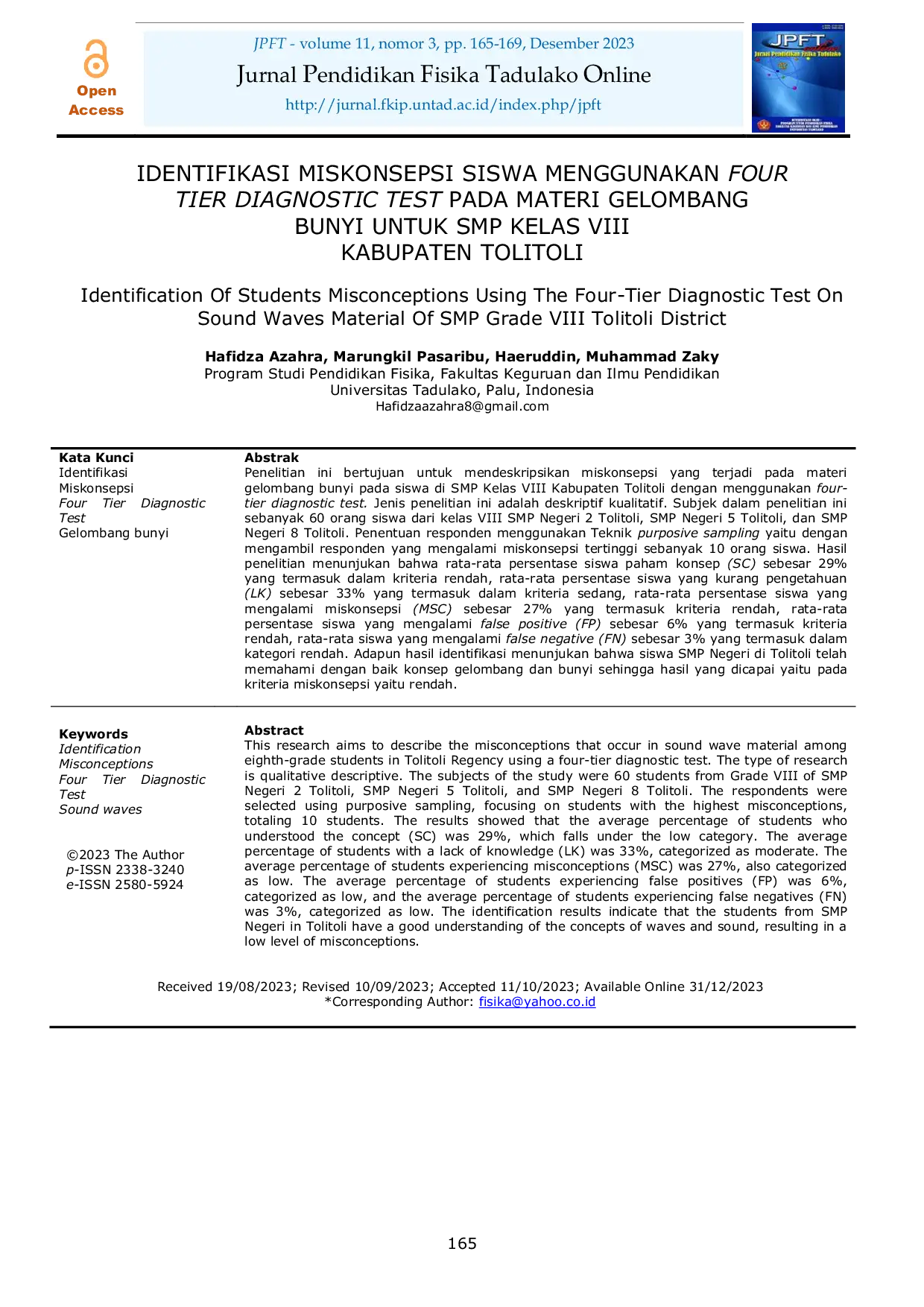 JURIS Identifikasi Miskonsepsi Siswa Menggunakan Four Tier Diagnostic Test Pada Materi Gelombang Bunyi Untuk SMP Kelas VIII Kabupaten Tolitoli