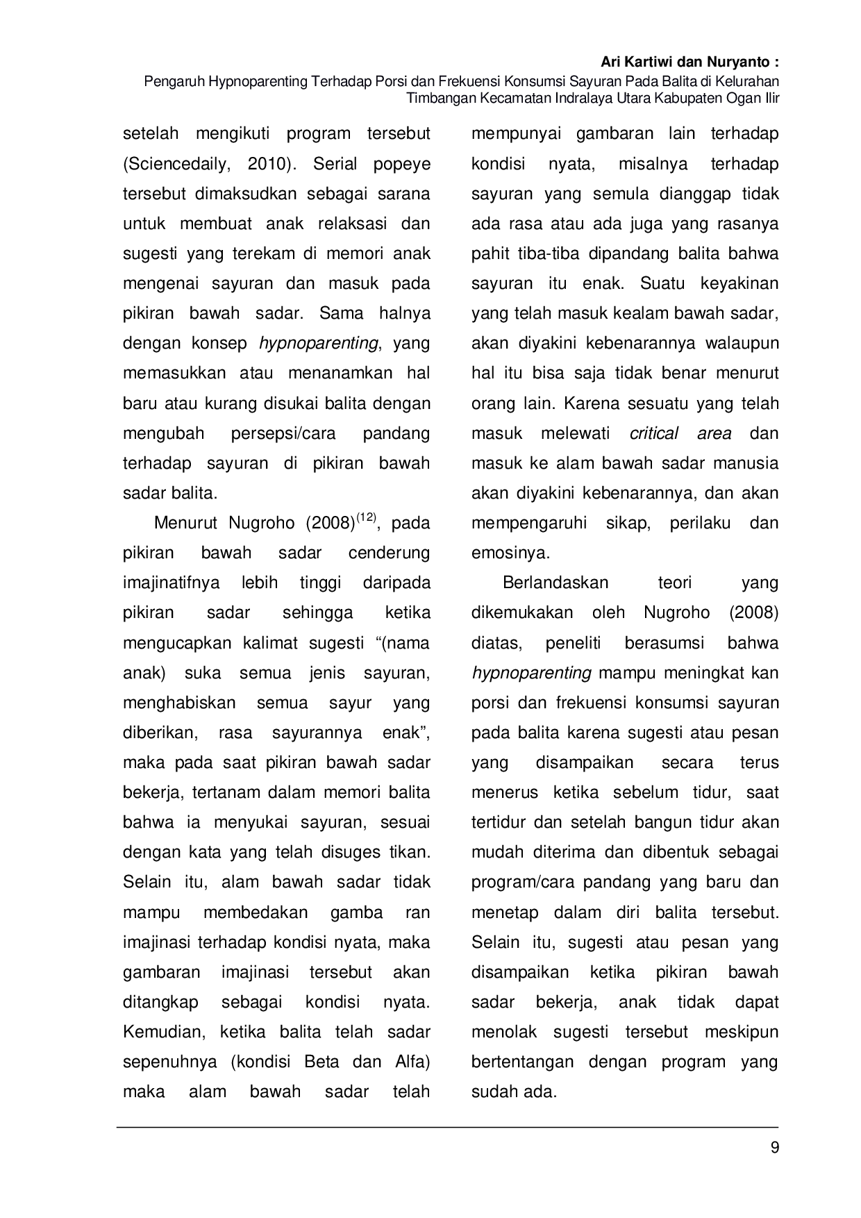 JURIS Pengaruh Hypnoparenting Terhadap Porsi dan Frekuensi Konsumsi Sayuran Pada Balita di Kelurahan Timbangan Ogan Ilir