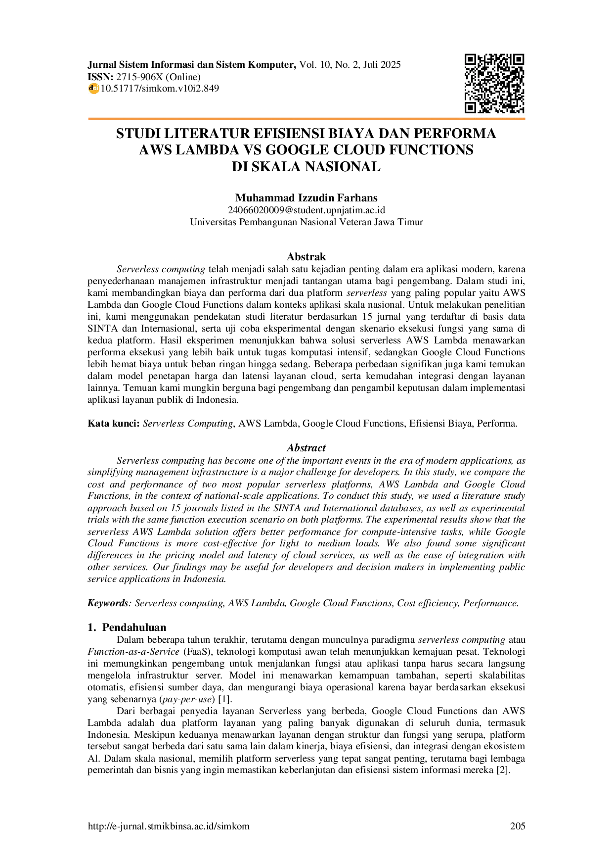 JURIS Studi Literatur Efisiensi Biaya dan Performa AWS Lambda VS Google Cloud Functions di Skala Nasional