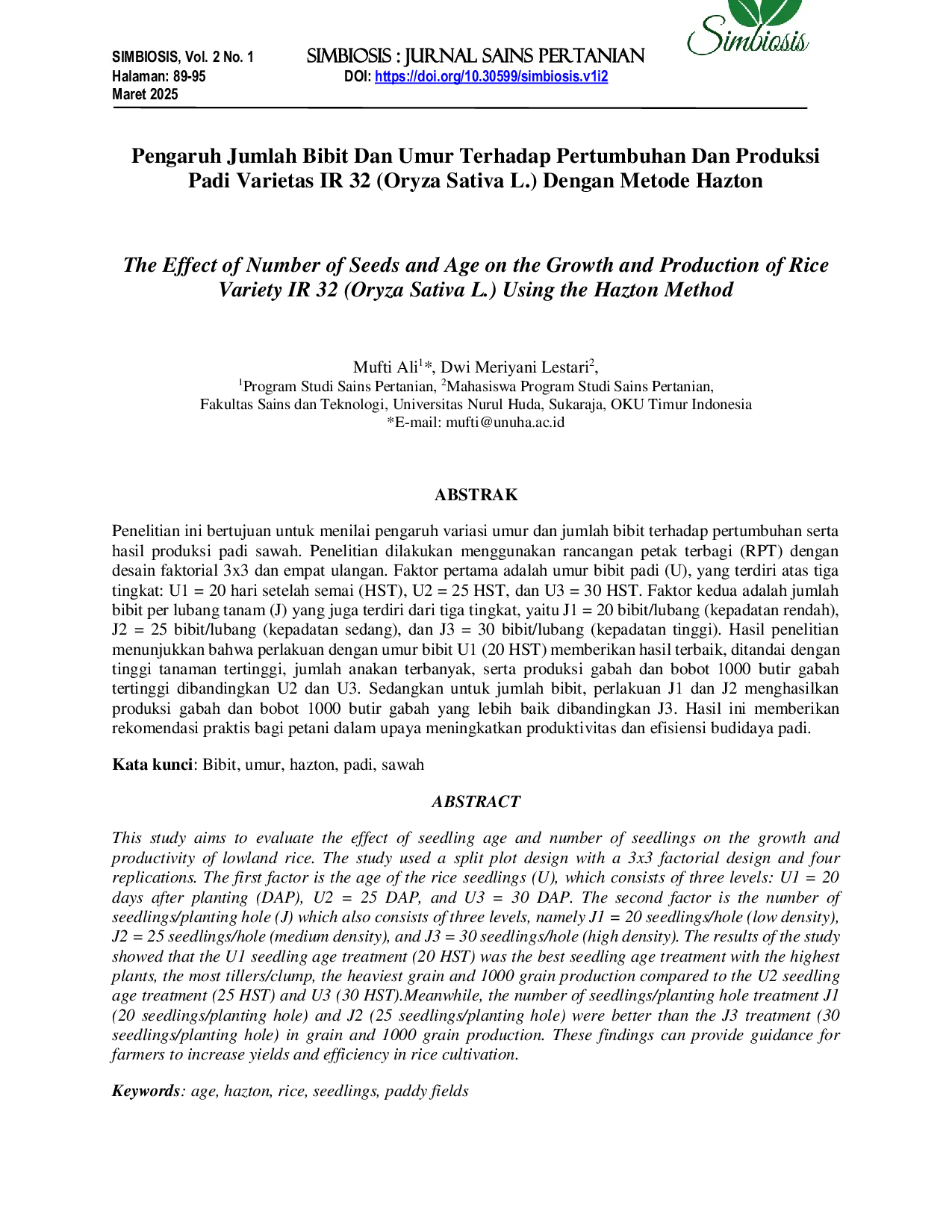 JURIS Pengaruh Jumlah Bibit Dan Umur Terhadap Pertumbuhan Dan Produksi Padi Varietas Ir 32 Oryza Sativa L Dengan Metode Hazton