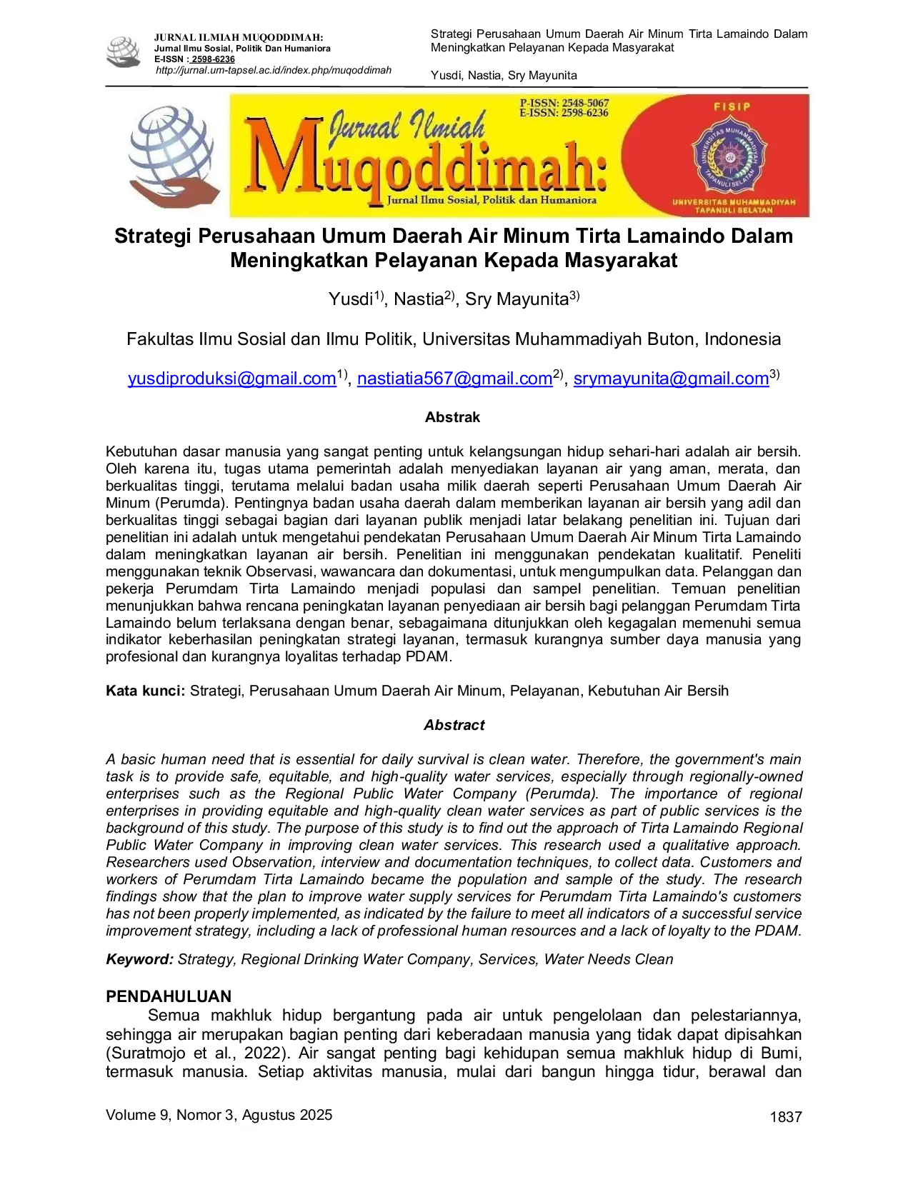 JURIS Strategi Perusahaan Umum Daerah Air Minum Tirta Lamaindo Dalam Meningkatkan Pelayanan Kepada Masyarakat