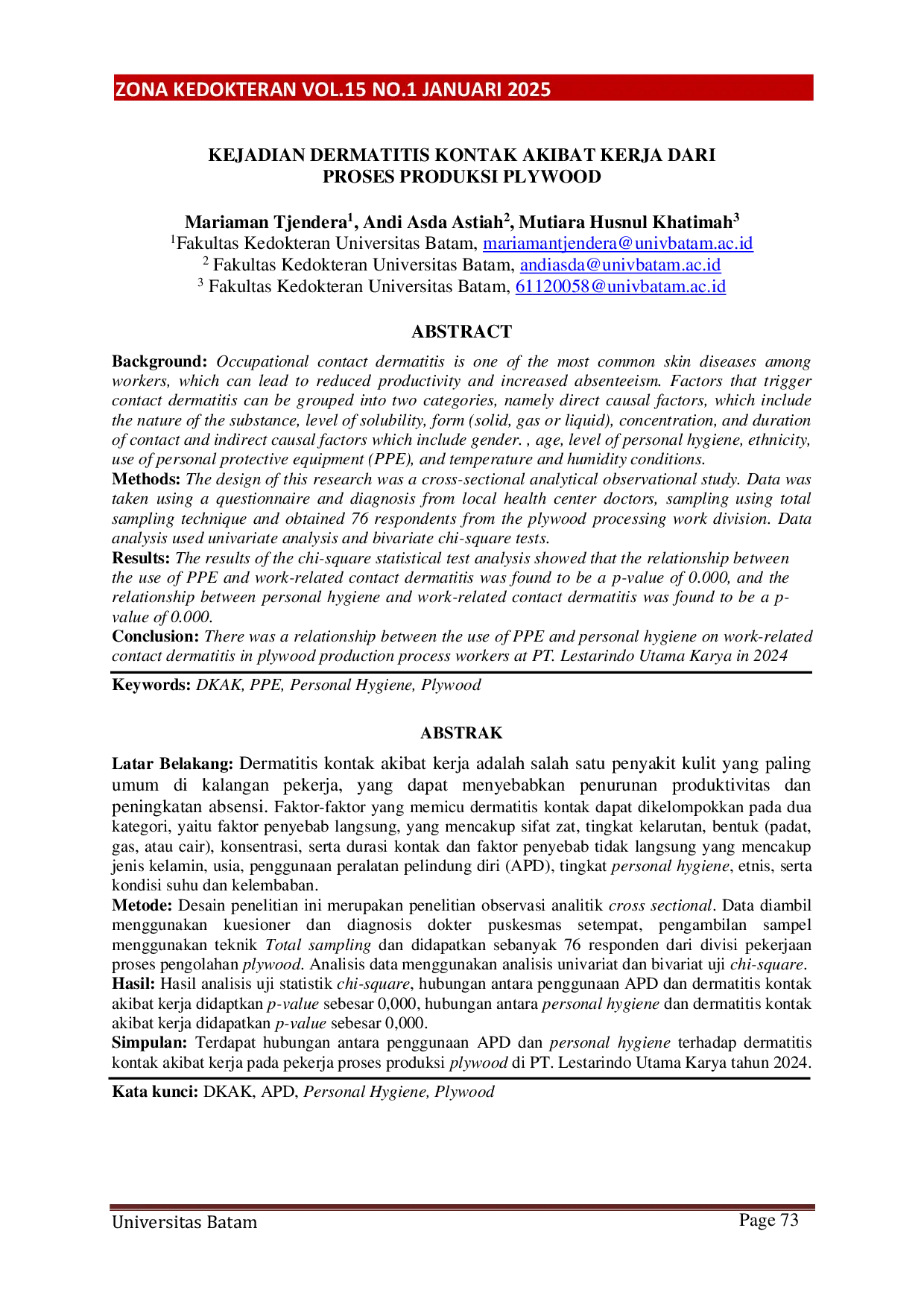 JURIS Kejadian Dermatitis Kontak Akibat Kerja dari Proses Produksi Plywood