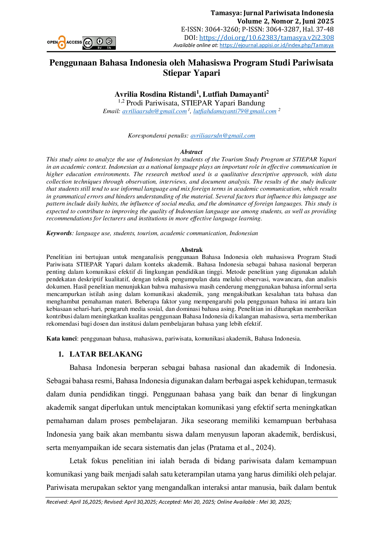 JURIS Penggunaan Bahasa Indonesia oleh Mahasiswa Program Studi Pariwisata Stiepar Yapari