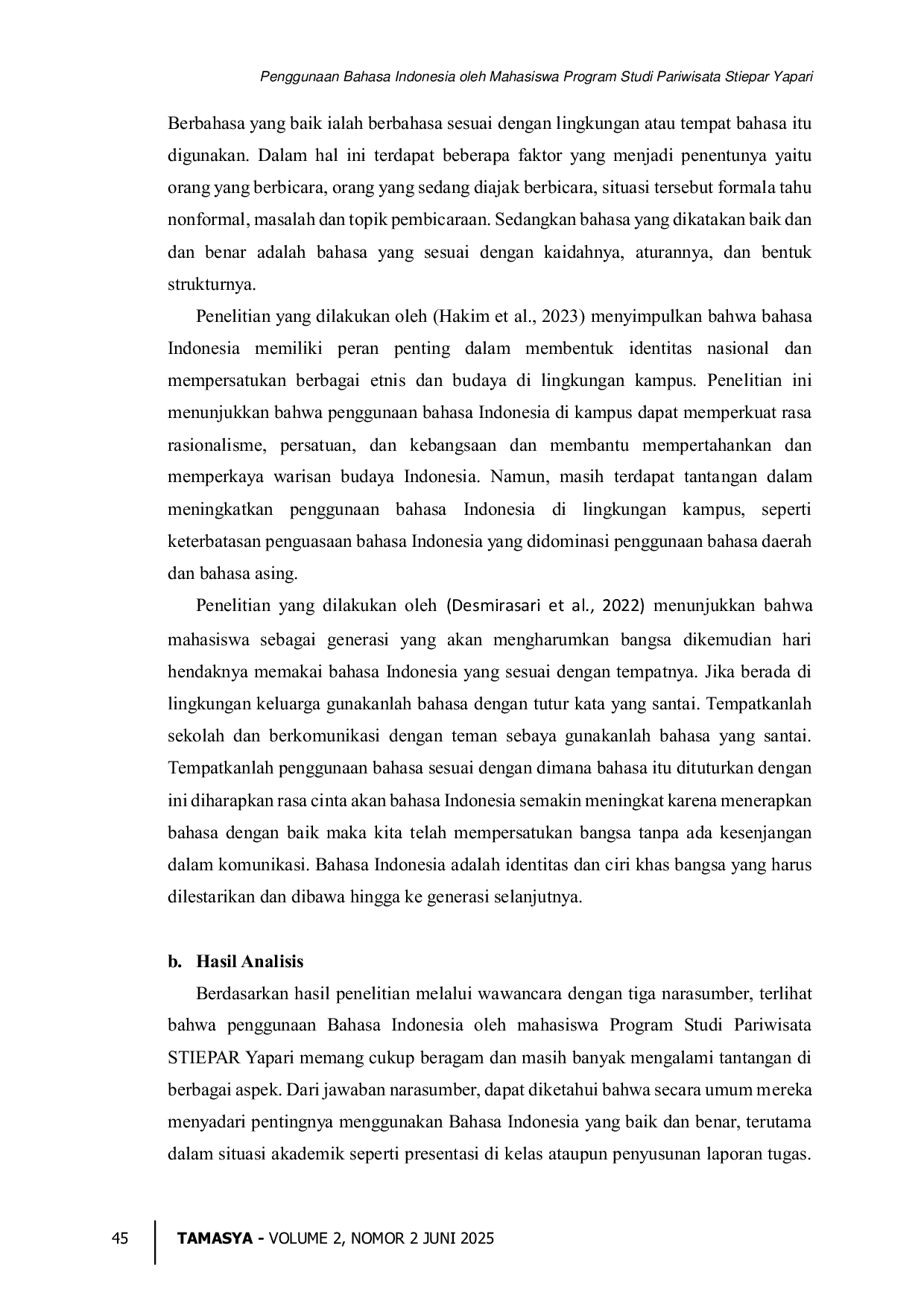JURIS Penggunaan Bahasa Indonesia oleh Mahasiswa Program Studi Pariwisata Stiepar Yapari
