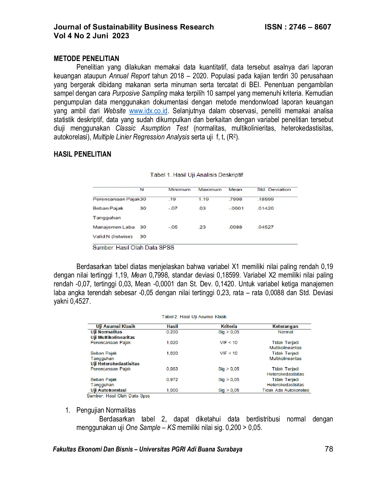 JURIS Pengaruh Perencanaan Pajak Dan Beban Pajak Tangguhan Terhadap Manajemen Laba Pada Perusahaan Makanan Dan Minuman Yang Terdaftar Di Bursa Efek Indonesia Periode 2018 2020