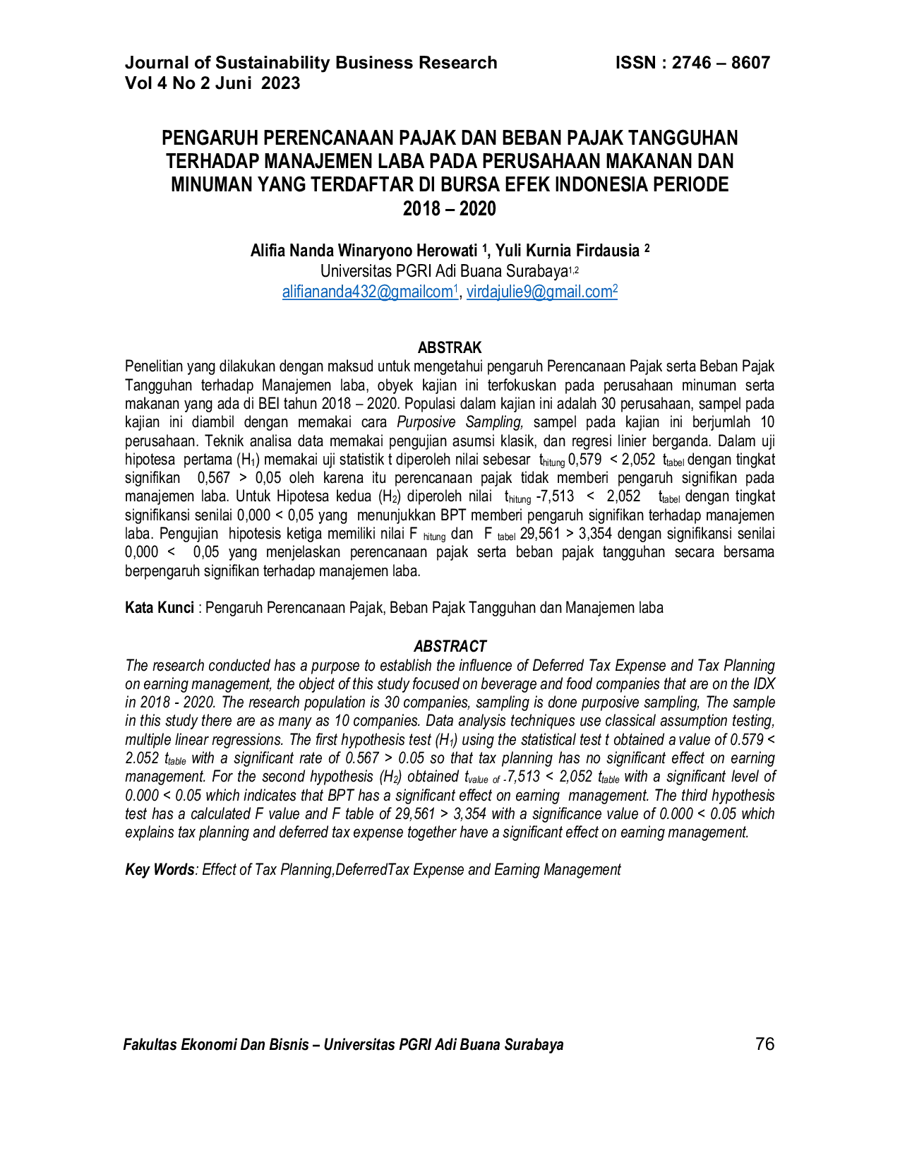 JURIS Pengaruh Perencanaan Pajak Dan Beban Pajak Tangguhan Terhadap Manajemen Laba Pada Perusahaan Makanan Dan Minuman Yang Terdaftar Di Bursa Efek Indonesia Periode 2018 2020