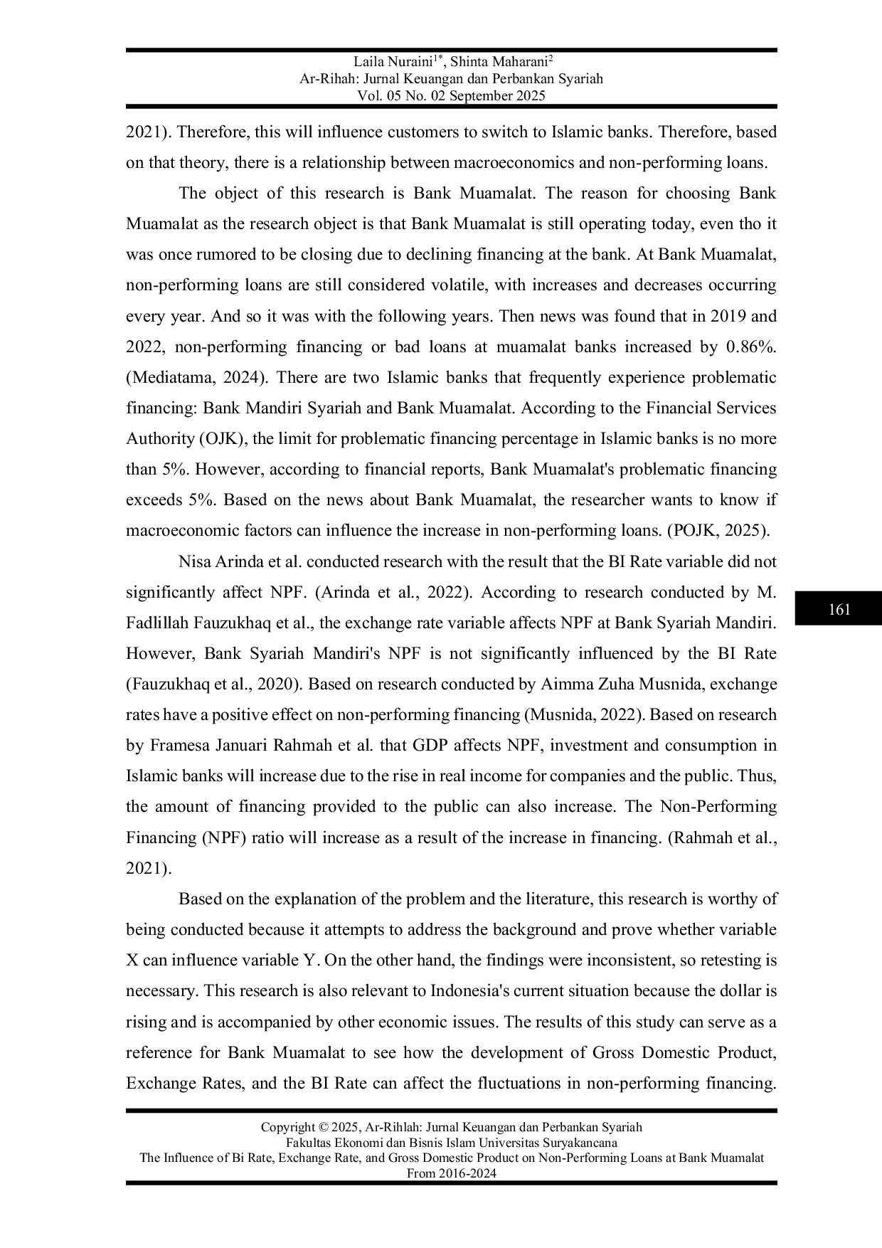 JURIS Pengaruh BI Rate Nilai Tukar dan Produk Domestik Bruto Terhadap Pembiayaan Bermasalah di Bank Muamalat