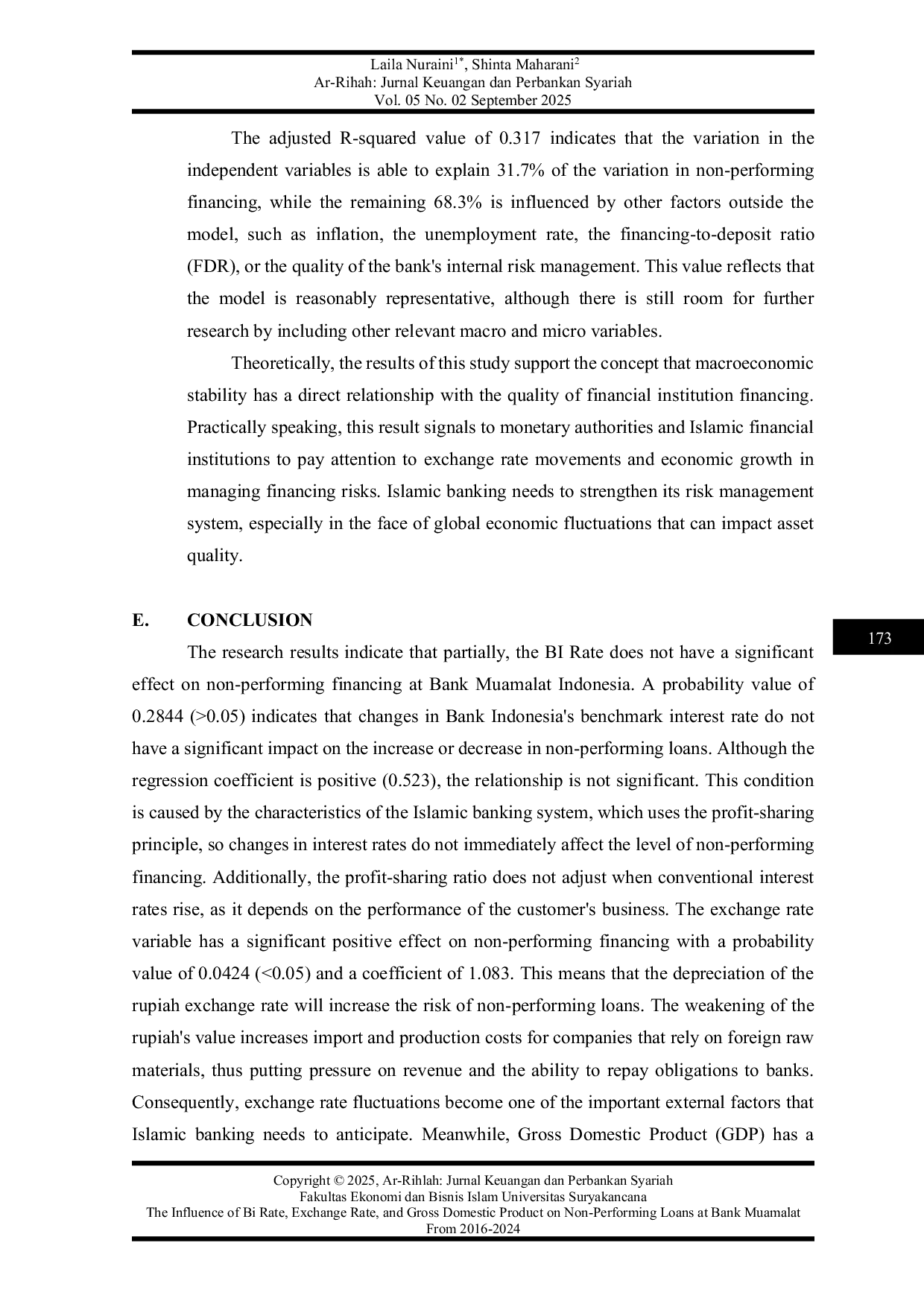 JURIS Pengaruh BI Rate Nilai Tukar dan Produk Domestik Bruto Terhadap Pembiayaan Bermasalah di Bank Muamalat