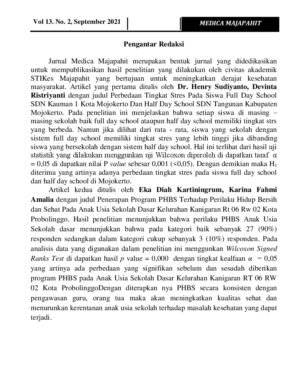 juris Cover Halaman Redaksi dan Daftar Isi Medica Majapahit Volume 13 No 2