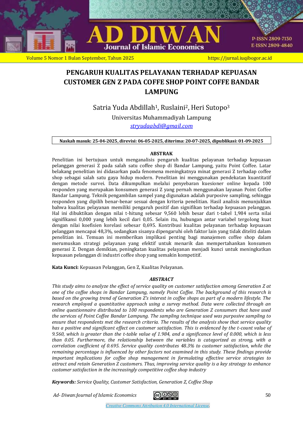 JURIS PENGARUH KUALITAS PELAYANAN TERHADAP KEPUASAN CUSTOMER GEN Z PADA COFFE SHOP POINT COFFE BANDAR LAMPUNG