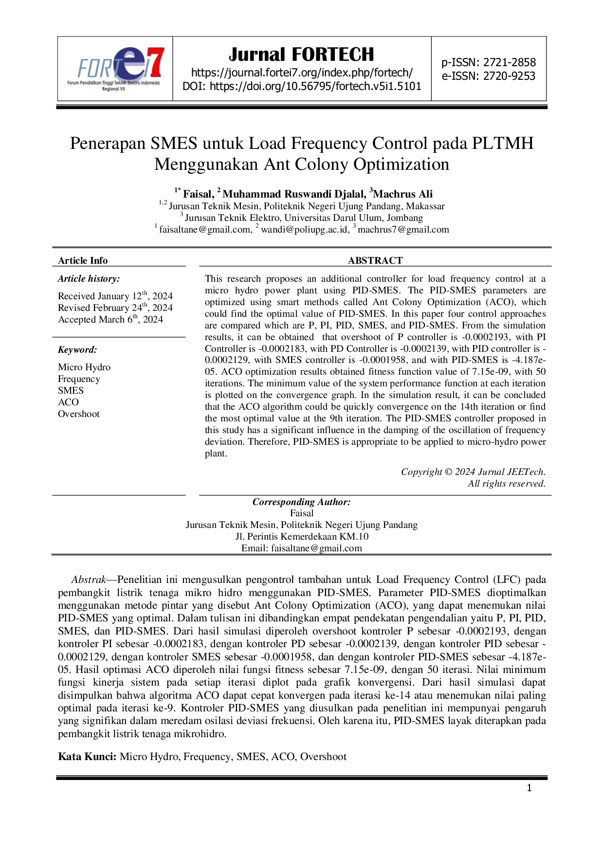 JURIS Penerapan SMES untuk Load Frequency Control pada PLTMH Menggunakan Ant Colony Optimization