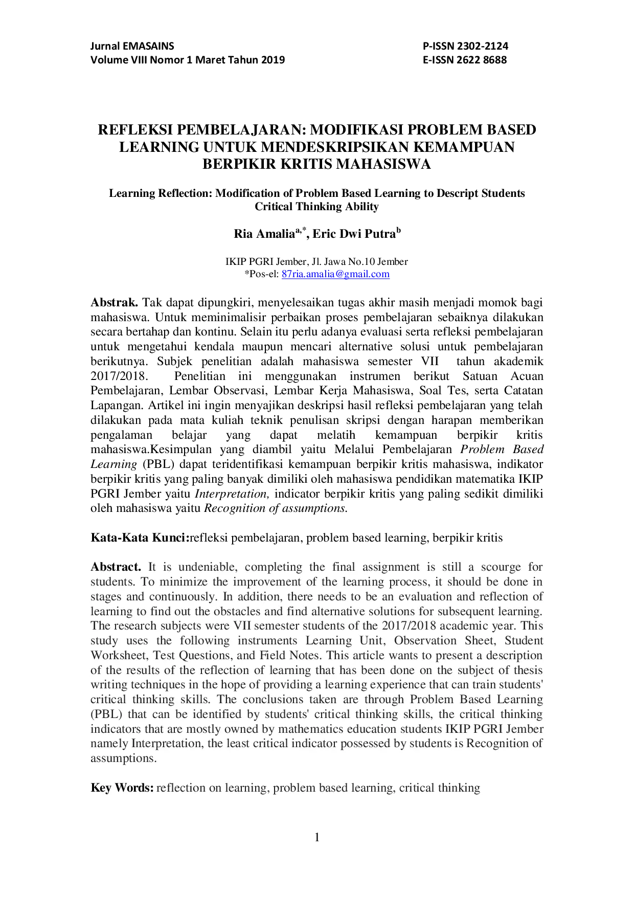 JURIS Refleksi Pembelajaran Modifikasi Problem Based Learning untuk Mendeskripsikan Kemampuan Berpikir Kritis Mahasiswa