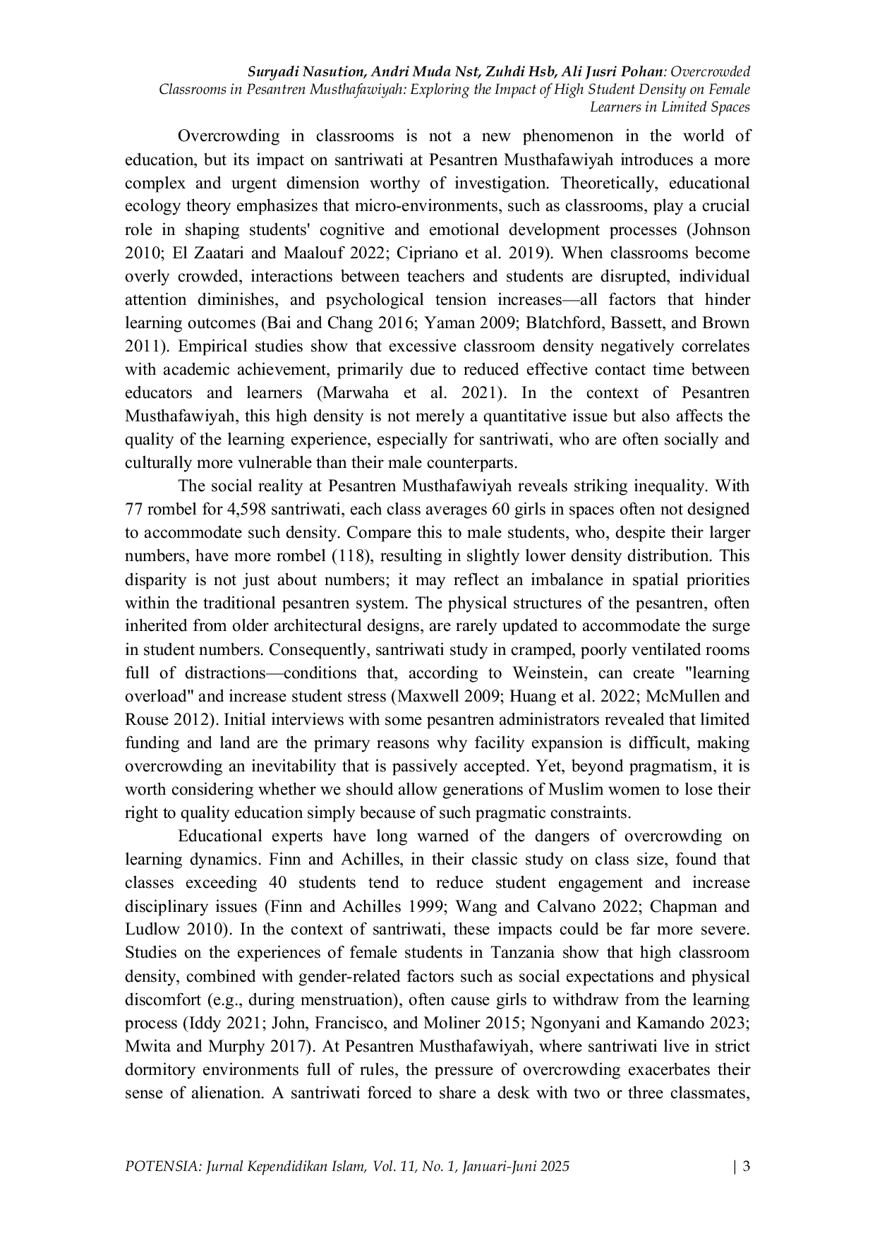 JURIS Ruangan Kelas yang Sesak di Pesantren Musthafawiyah Mempelajari Dampak Kepadatan Siswa yang Tinggi terhadap Pembelajar Perempuan dalam Ruang yang Terbatas